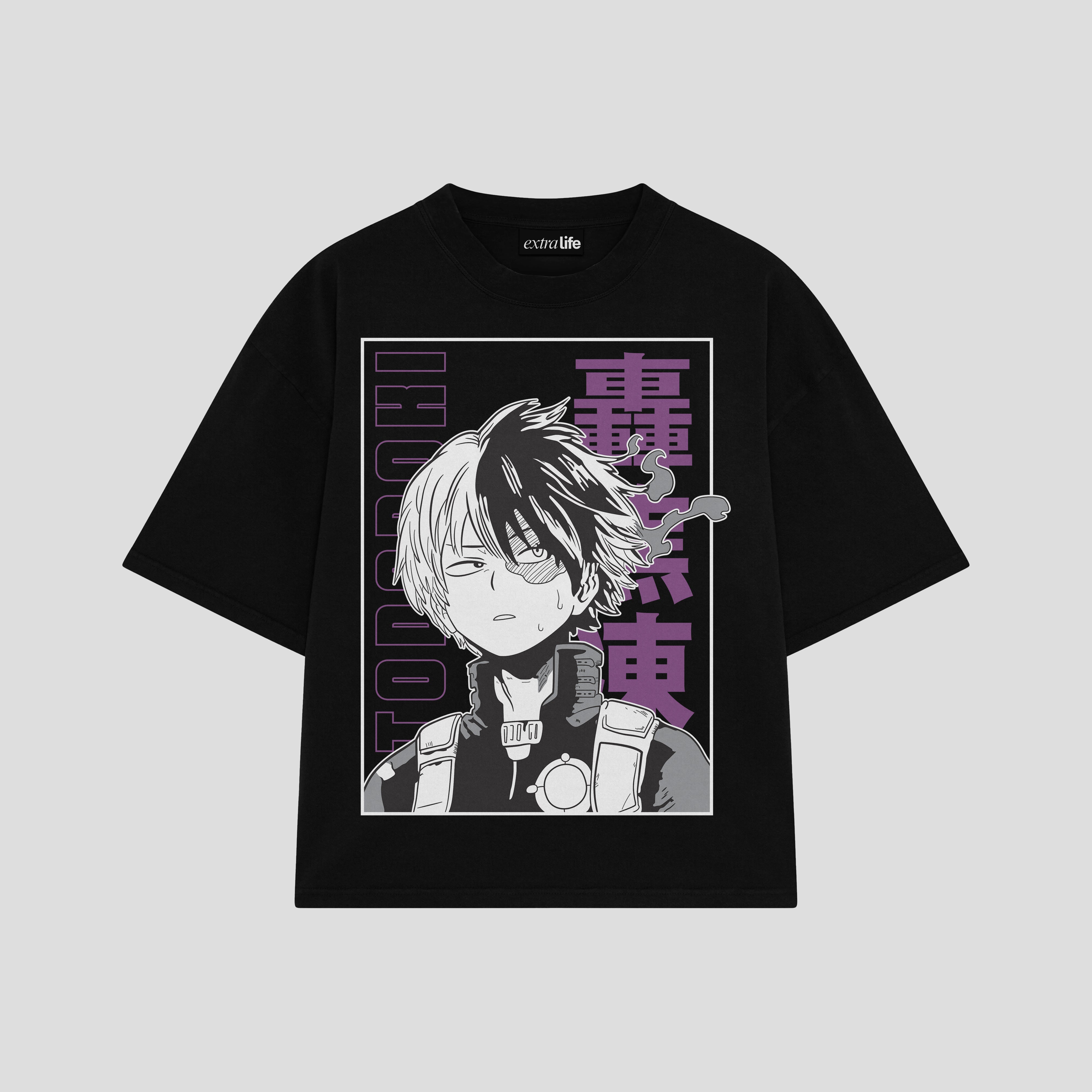 Playera streetwear premium de anime y gaming ExtraLife MX, corte boxy oversized drop shoulder heavyweight en color Deep Black y Off-White, moda urbana mexicana de culto.