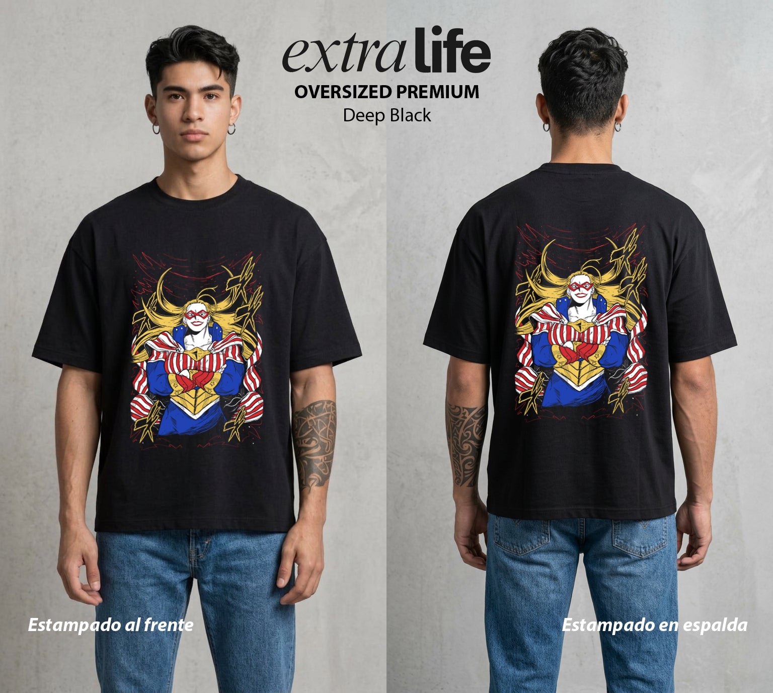La Academia de Heroes | La Americana del Bien #02581 - Playera Oversized Premium | Deep Black - Foto en modelo