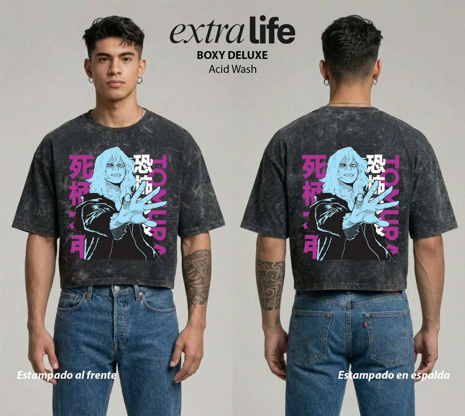 Playera streetwear premium de anime y gaming ExtraLife MX, corte boxy deluxe mineral wash heavyweight en color Acid Wash, moda urbana mexicana de culto.