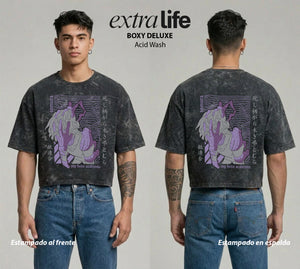 Playera streetwear premium de anime y gaming ExtraLife MX, corte boxy deluxe mineral wash heavyweight en color Acid Wash, moda urbana mexicana de culto.