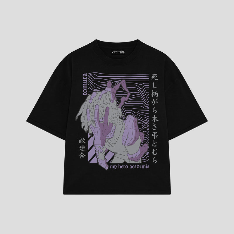 Playera streetwear premium de anime y gaming ExtraLife MX, corte boxy oversized drop shoulder heavyweight en color Deep Black y Off-White, moda urbana mexicana de culto.