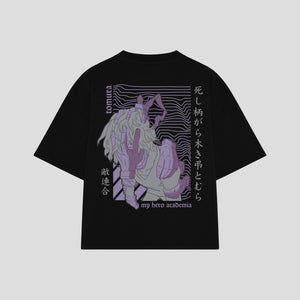 Playera streetwear premium de anime y gaming ExtraLife MX, corte boxy oversized drop shoulder heavyweight en color Deep Black y Off-White, moda urbana mexicana de culto.
