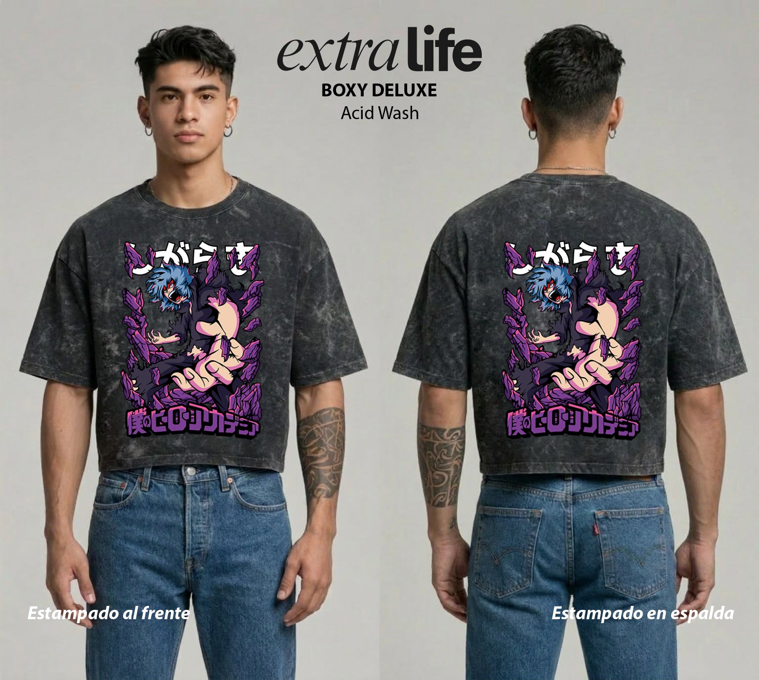 Playera streetwear premium de anime y gaming ExtraLife MX, corte boxy deluxe mineral wash heavyweight en color Acid Wash, moda urbana mexicana de culto.