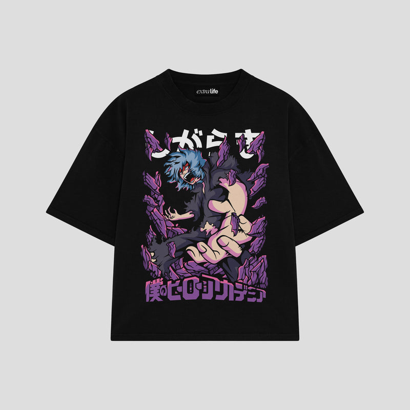 Playera streetwear premium de anime y gaming ExtraLife MX, corte boxy oversized drop shoulder heavyweight en color Deep Black y Off-White, moda urbana mexicana de culto.