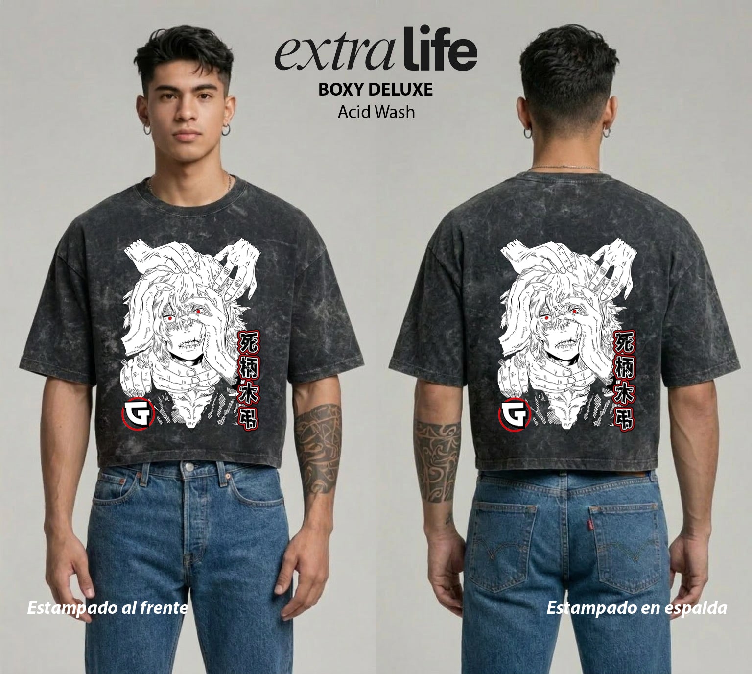 Playera streetwear premium de anime y gaming ExtraLife MX, corte boxy deluxe mineral wash heavyweight en color Acid Wash, moda urbana mexicana de culto.