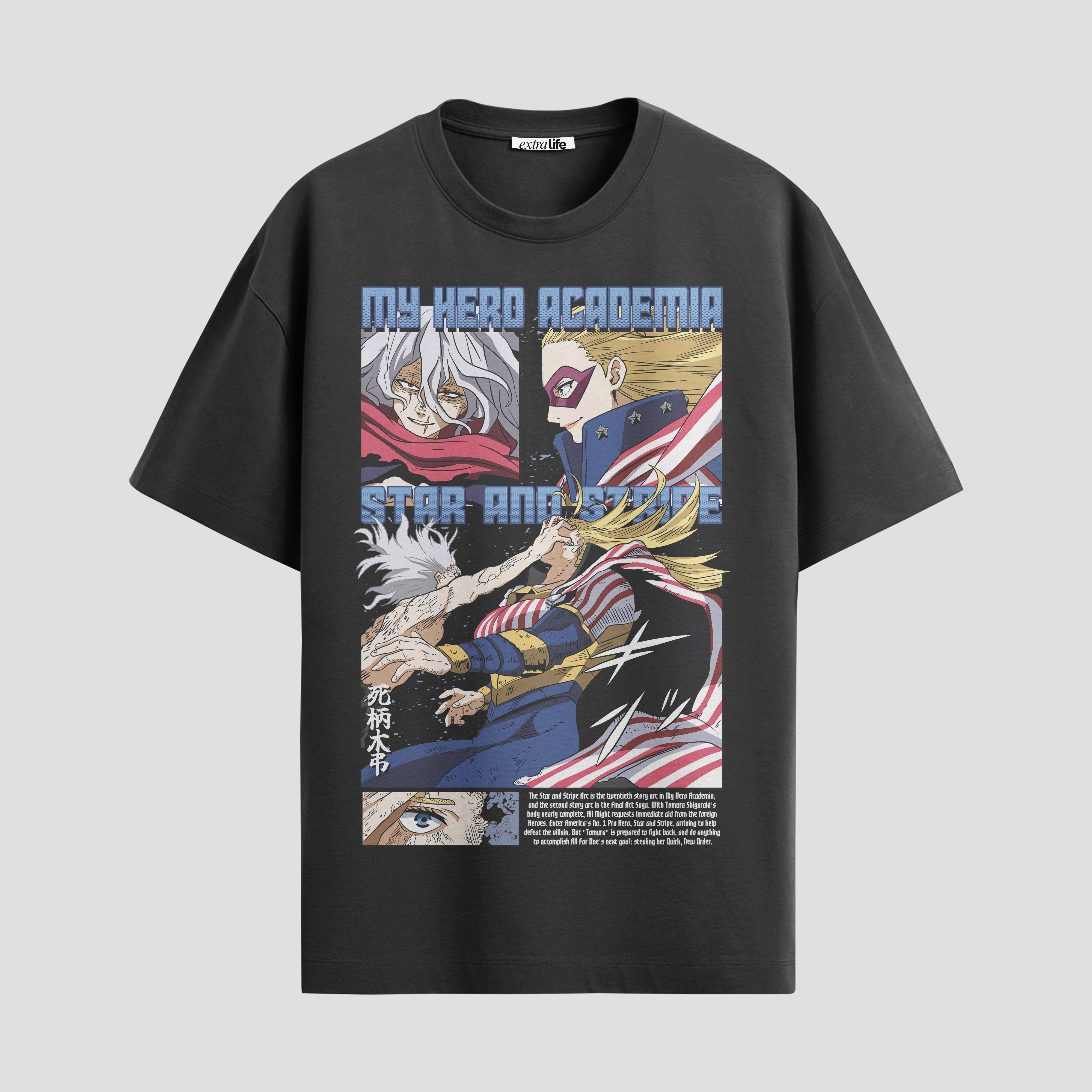 Playera urbana de anime y gaming ExtraLife MX, corte Standard Fit unisex ligero y transpirable en color Deep Black y Pure White, ropa de uso diario para gym y casual.