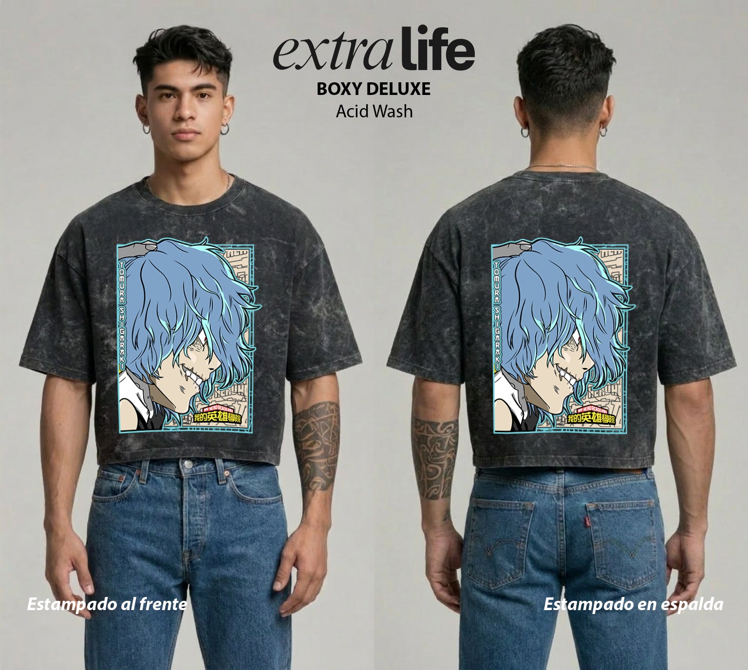 Playera streetwear premium de anime y gaming ExtraLife MX, corte boxy deluxe mineral wash heavyweight en color Acid Wash, moda urbana mexicana de culto.