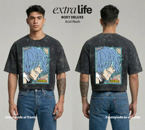 Playera streetwear premium de anime y gaming ExtraLife MX, corte boxy deluxe mineral wash heavyweight en color Acid Wash, moda urbana mexicana de culto.