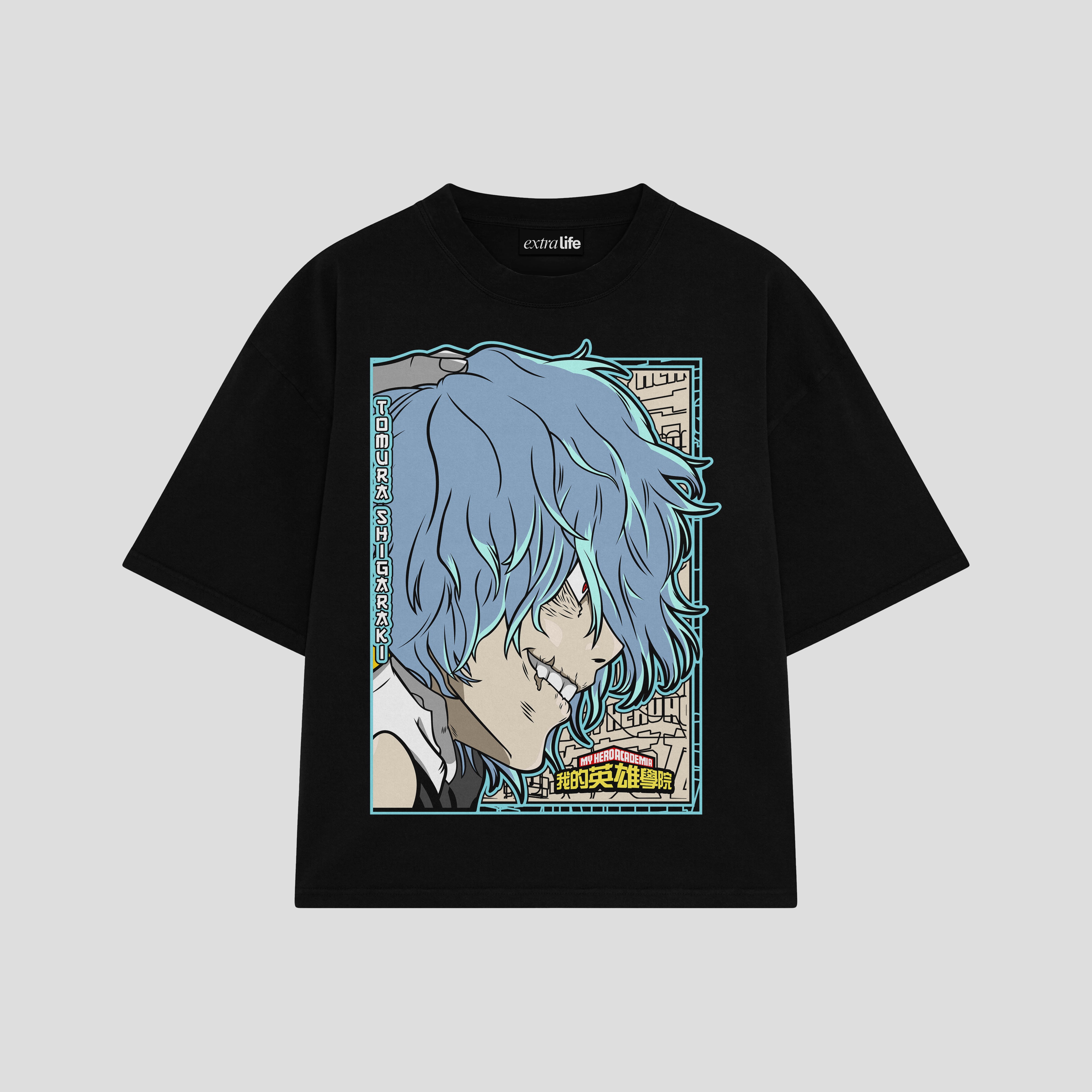 Playera streetwear premium de anime y gaming ExtraLife MX, corte boxy oversized drop shoulder heavyweight en color Deep Black y Off-White, moda urbana mexicana de culto.
