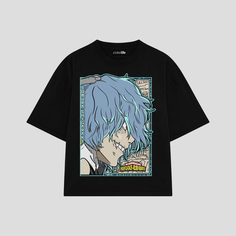 Playera streetwear premium de anime y gaming ExtraLife MX, corte boxy oversized drop shoulder heavyweight en color Deep Black y Off-White, moda urbana mexicana de culto.