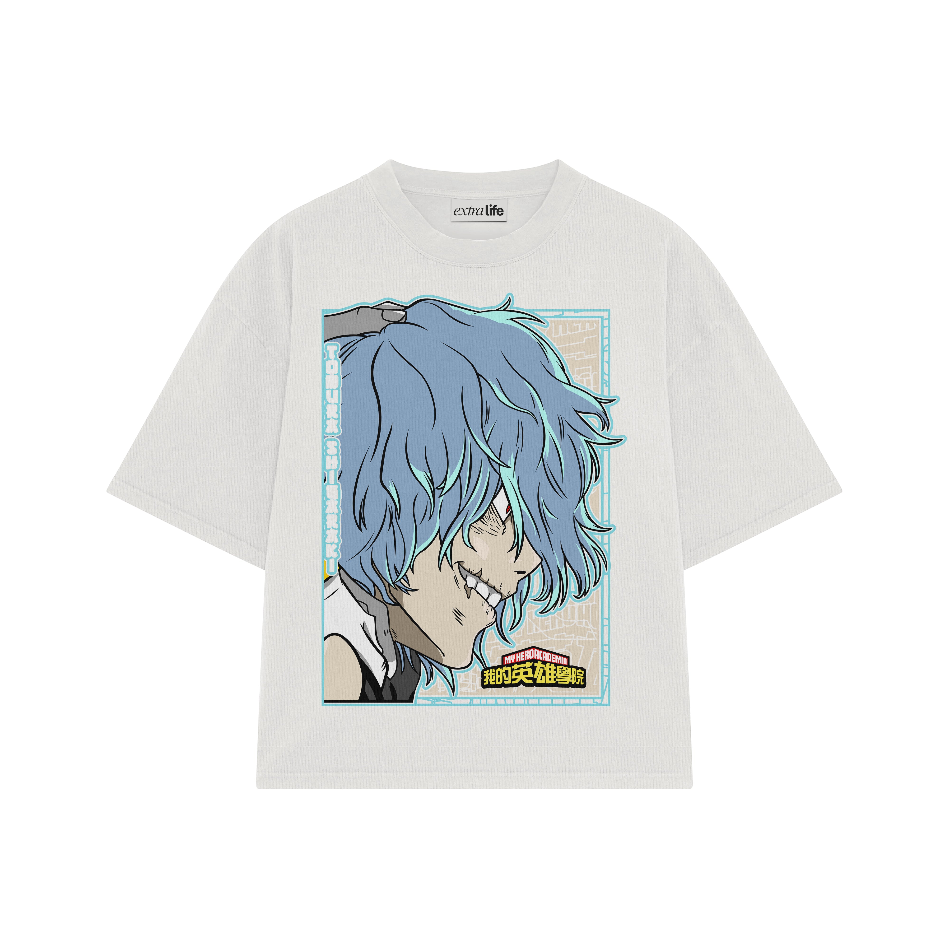 Playera streetwear premium de anime y gaming ExtraLife MX, corte boxy oversized drop shoulder heavyweight en color Deep Black y Off-White, moda urbana mexicana de culto.