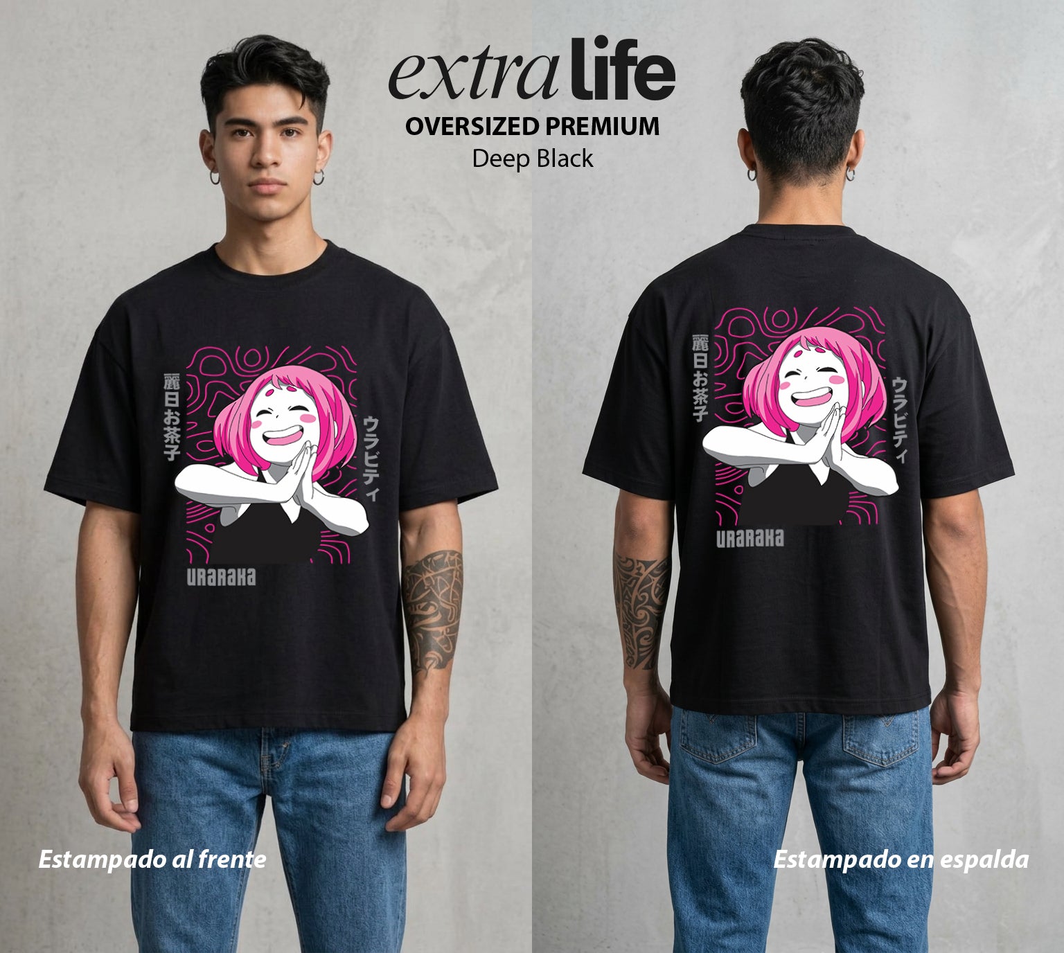 La Academia de Heroes | Sin Gravedad #02592 - Playera Oversized Premium | Deep Black - Foto en modelo