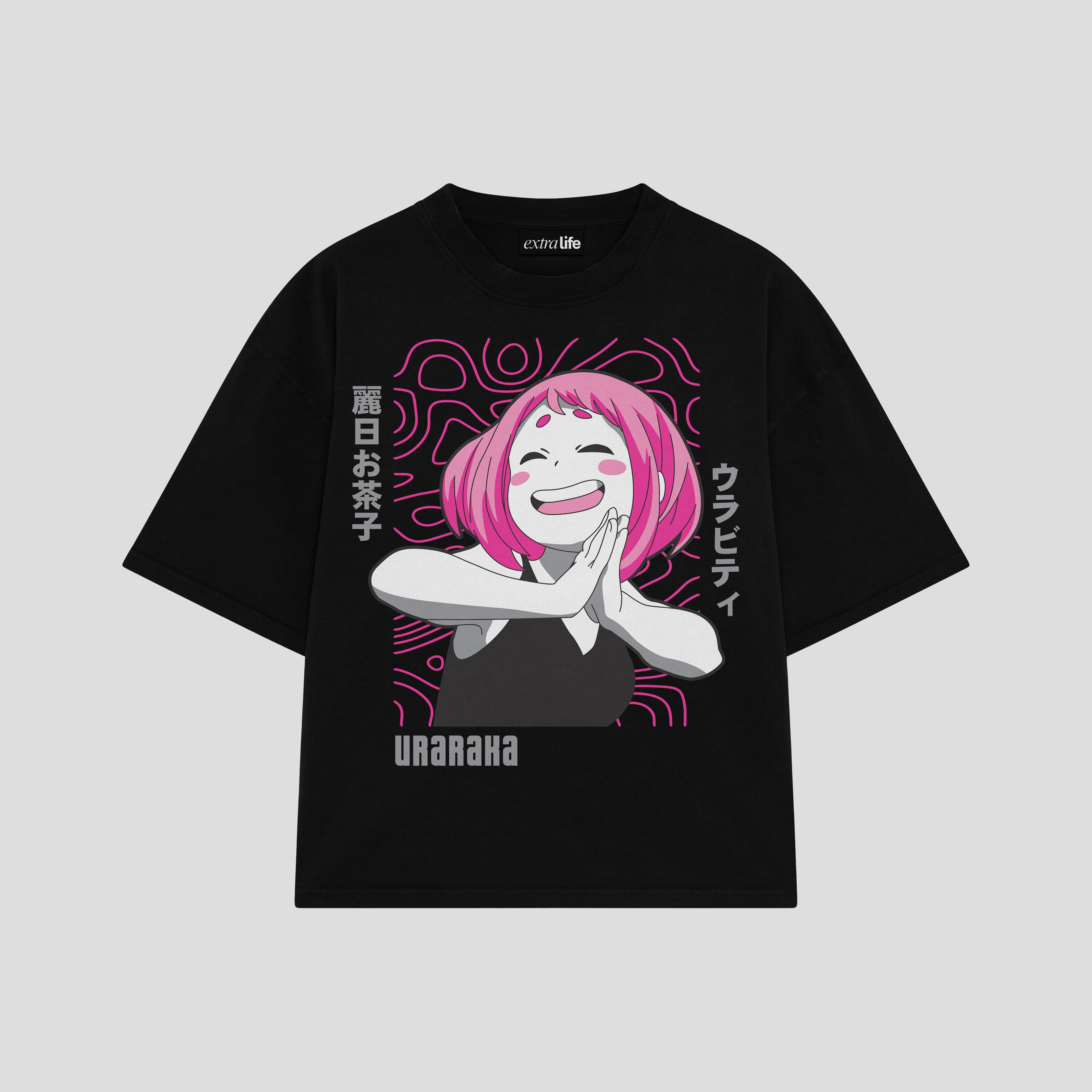 Playera streetwear premium de anime y gaming ExtraLife MX, corte boxy oversized drop shoulder heavyweight en color Deep Black y Off-White, moda urbana mexicana de culto.