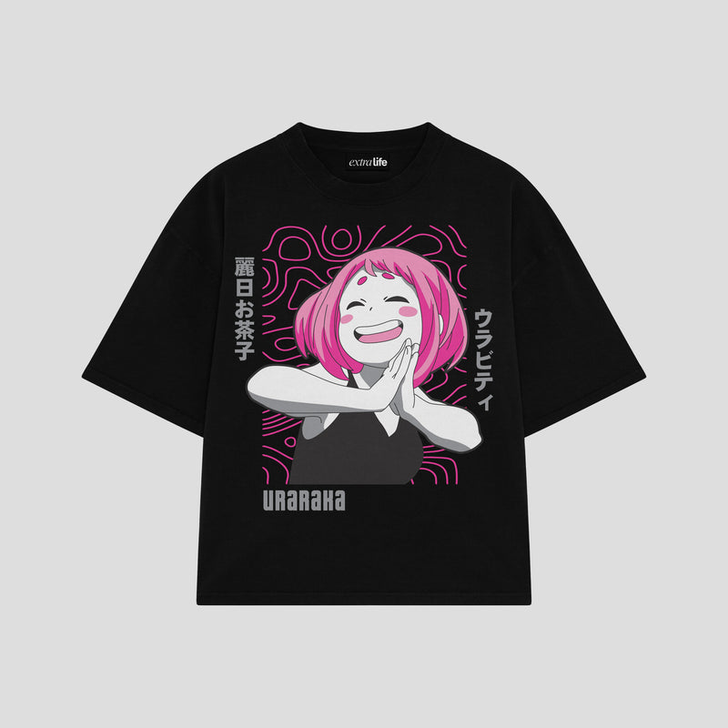 Playera streetwear premium de anime y gaming ExtraLife MX, corte boxy oversized drop shoulder heavyweight en color Deep Black y Off-White, moda urbana mexicana de culto.