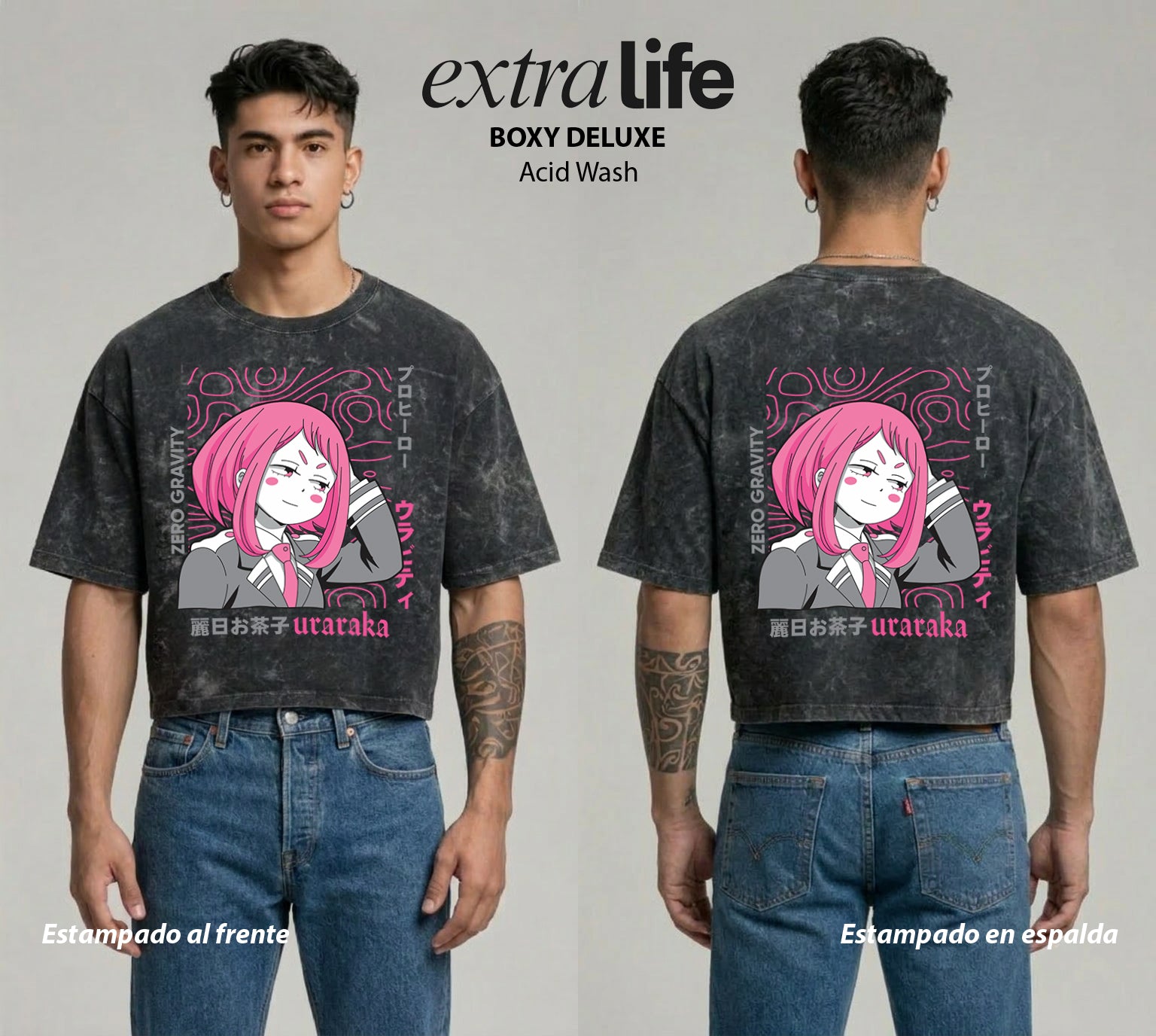 Playera streetwear premium de anime y gaming ExtraLife MX, corte boxy deluxe mineral wash heavyweight en color Acid Wash, moda urbana mexicana de culto.
