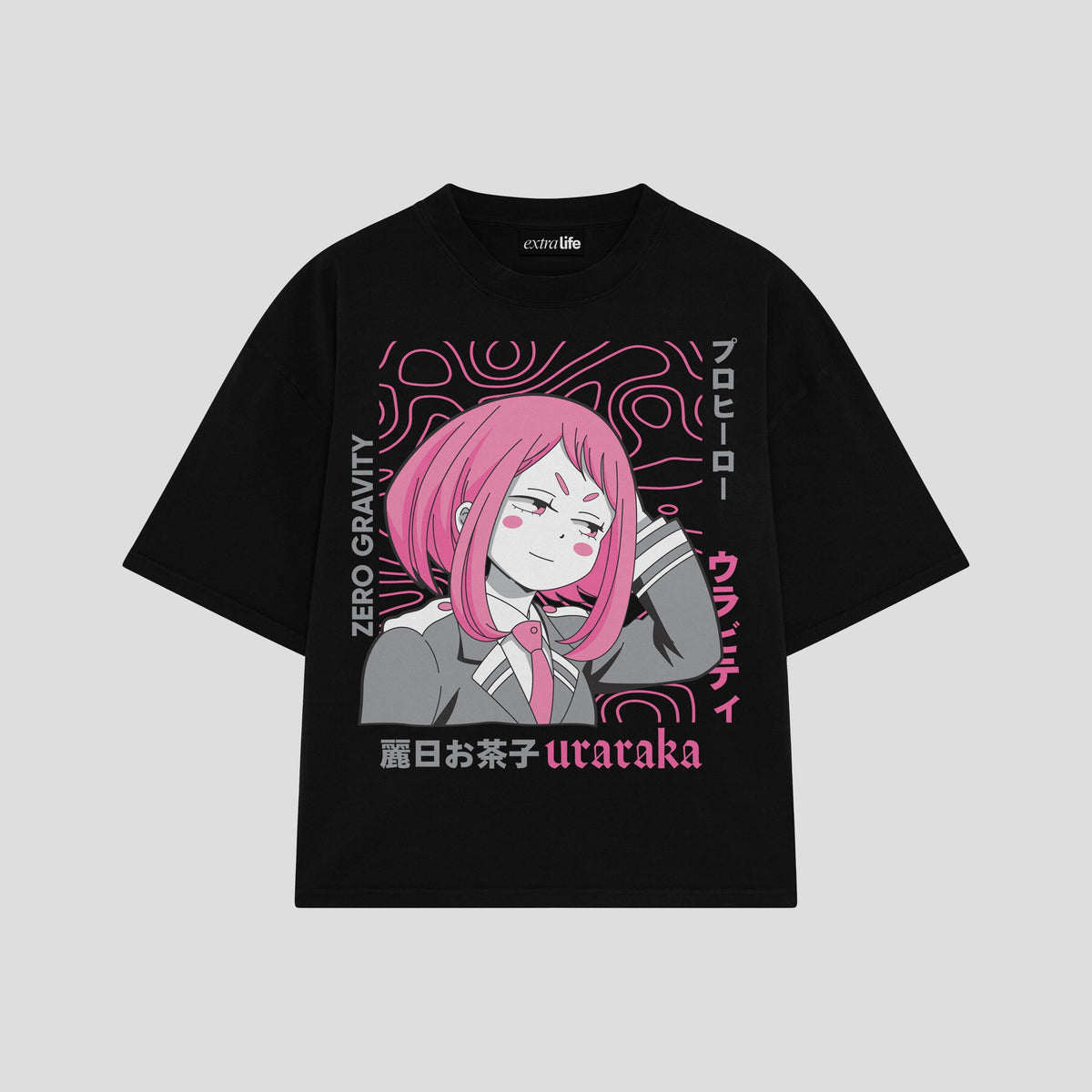 Playera streetwear premium de anime y gaming ExtraLife MX, corte oversized drop shoulder ligero y fresco en color Deep Black y Off-White, moda urbana mexicana de culto.