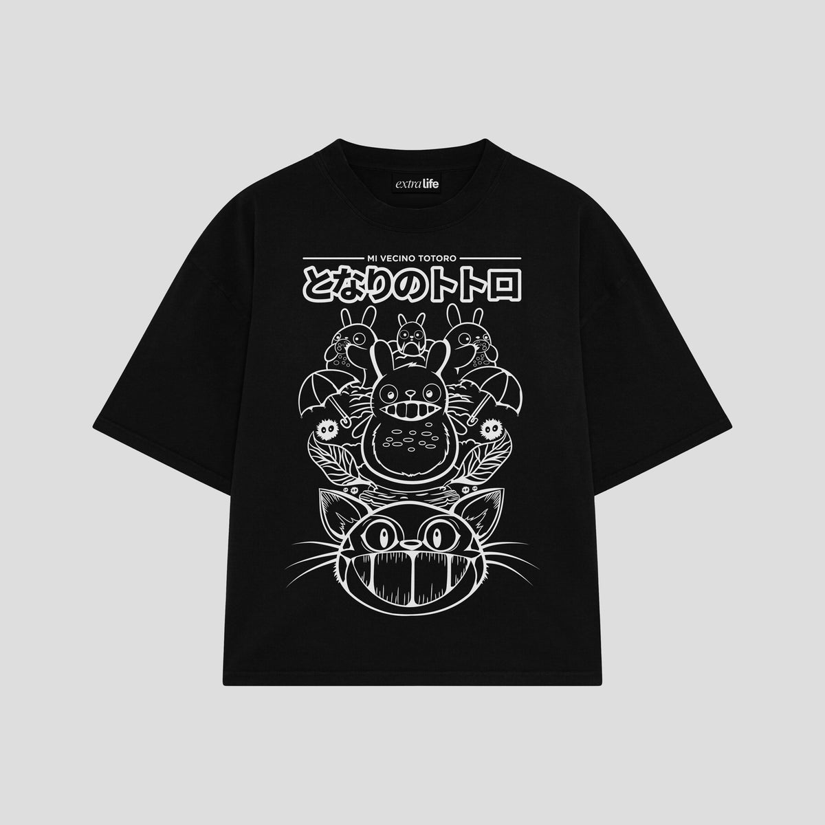 Playera streetwear premium de anime y gaming ExtraLife MX, corte oversized drop shoulder ligero y fresco en color Deep Black y Off-White, moda urbana mexicana de culto.