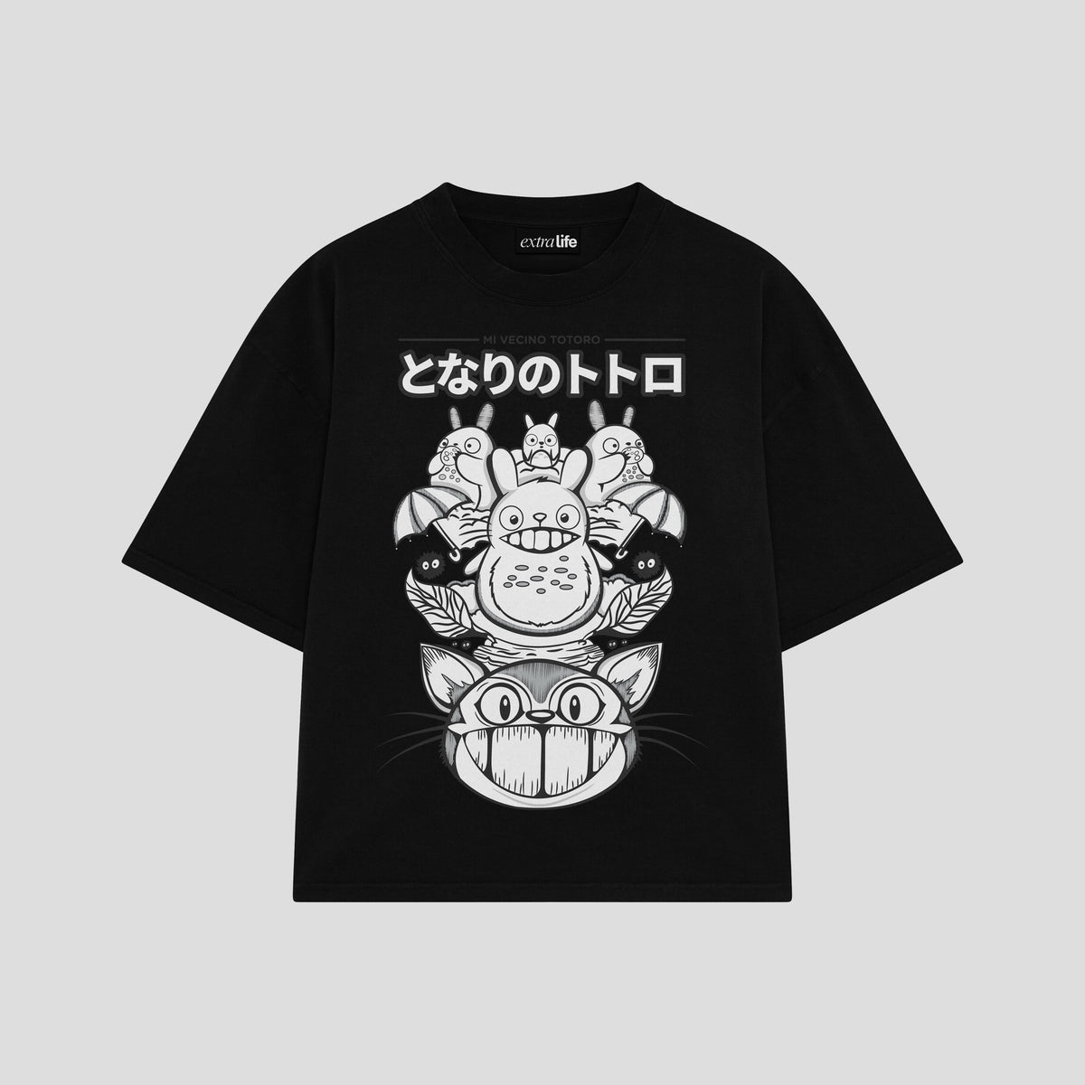 Playera streetwear premium de anime y gaming ExtraLife MX, corte oversized drop shoulder ligero y fresco en color Deep Black y Off-White, moda urbana mexicana de culto.