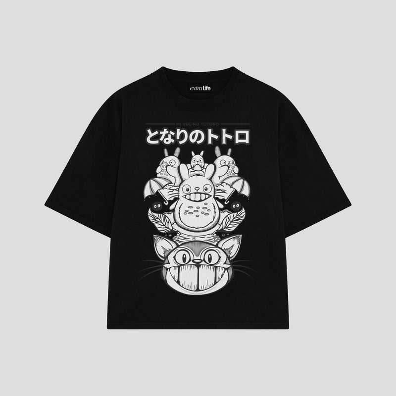 Playera streetwear premium de anime y gaming ExtraLife MX, corte boxy oversized drop shoulder heavyweight en color Deep Black y Off-White, moda urbana mexicana de culto.