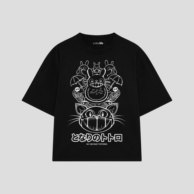 Playera streetwear premium de anime y gaming ExtraLife MX, corte boxy oversized drop shoulder heavyweight en color Deep Black y Off-White, moda urbana mexicana de culto.