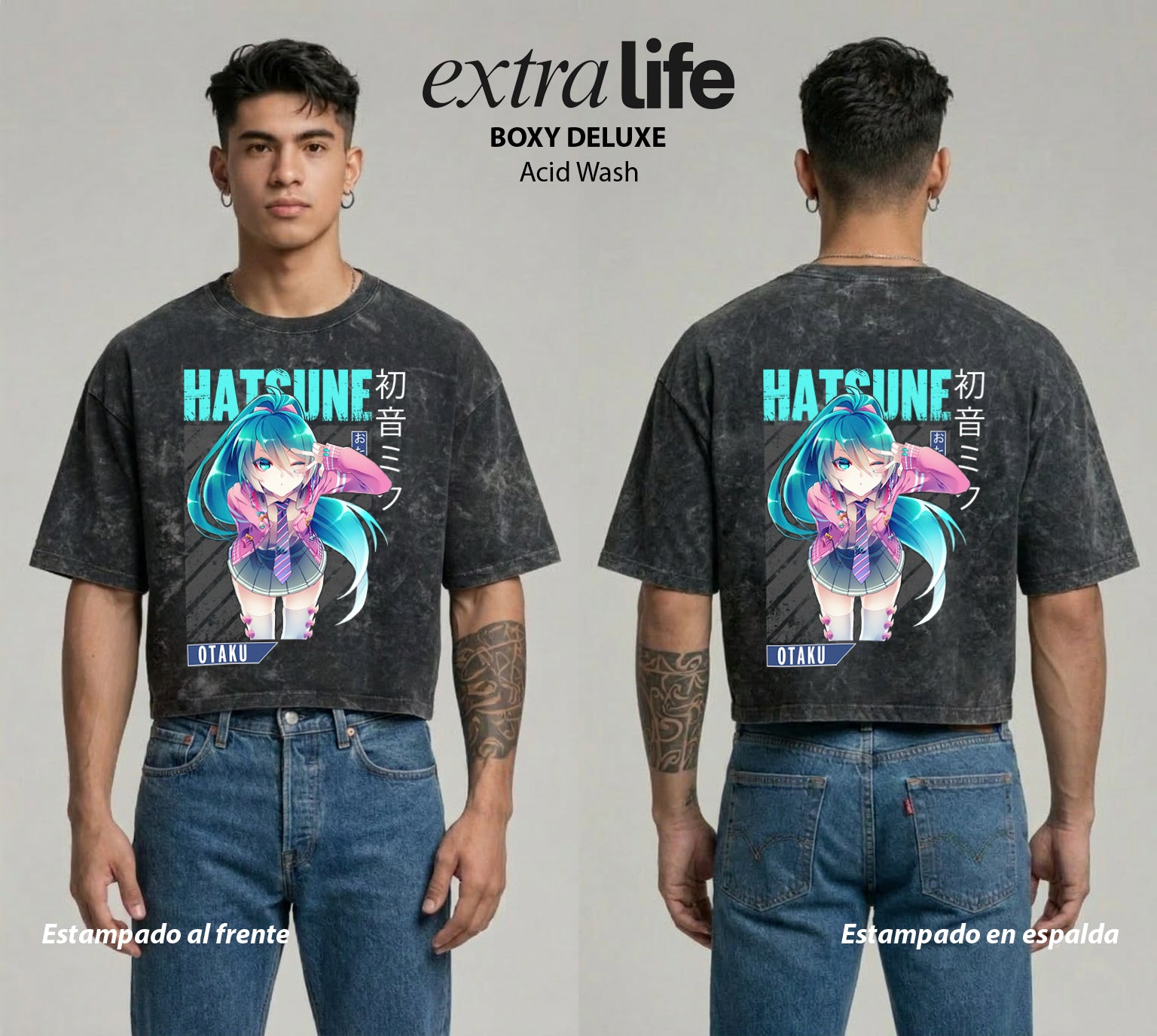 Playera streetwear premium de anime y gaming ExtraLife MX, corte boxy deluxe mineral wash heavyweight en color Acid Wash, moda urbana mexicana de culto.