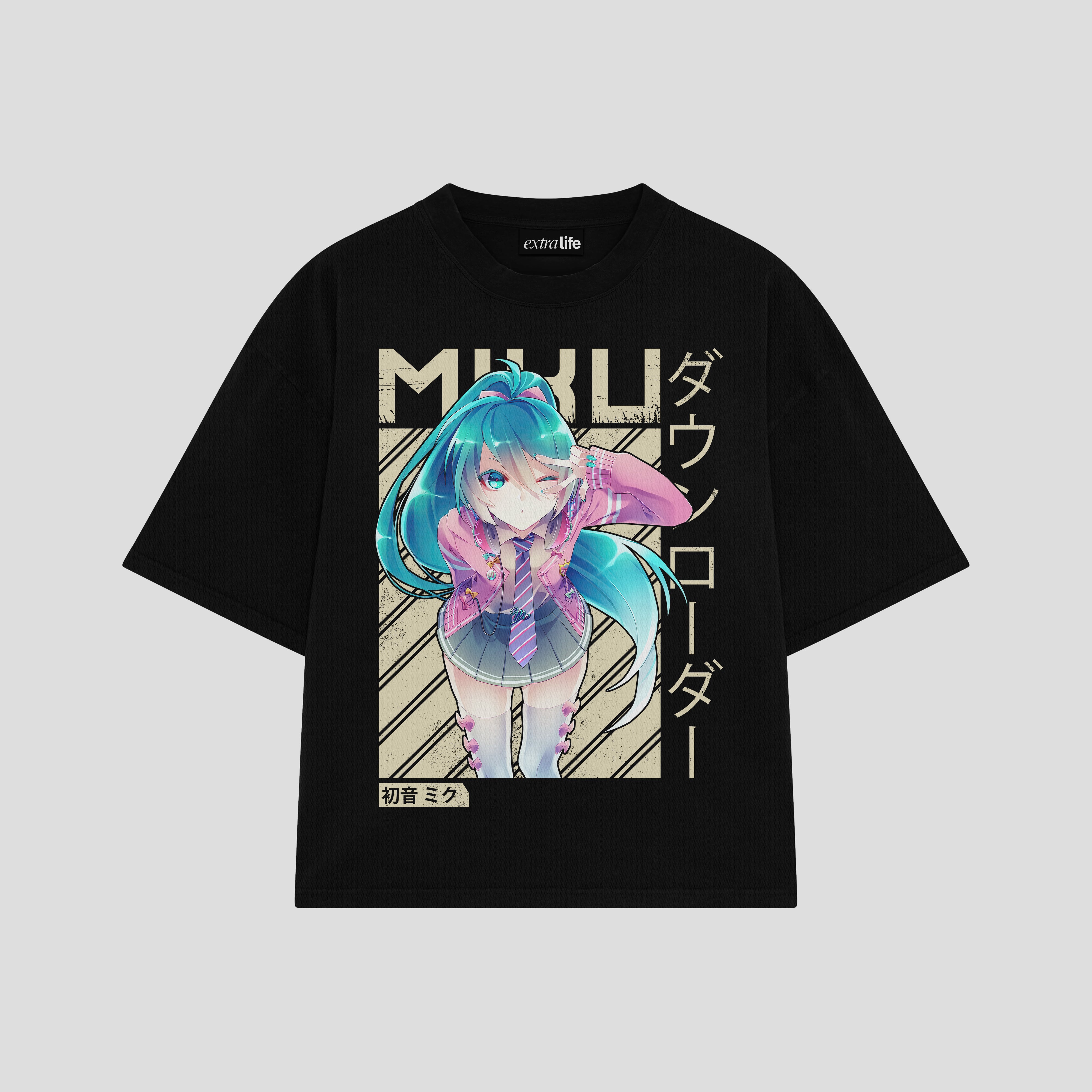 Playera streetwear premium de anime y gaming ExtraLife MX, corte boxy oversized drop shoulder heavyweight en color Deep Black y Off-White, moda urbana mexicana de culto.
