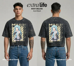 Playera streetwear premium de anime y gaming ExtraLife MX, corte boxy deluxe mineral wash heavyweight en color Acid Wash, moda urbana mexicana de culto.