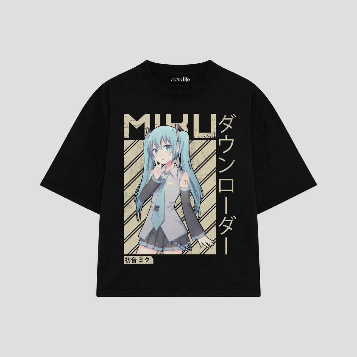 Playera streetwear premium de anime y gaming ExtraLife MX, corte oversized drop shoulder ligero y fresco en color Deep Black y Off-White, moda urbana mexicana de culto.
