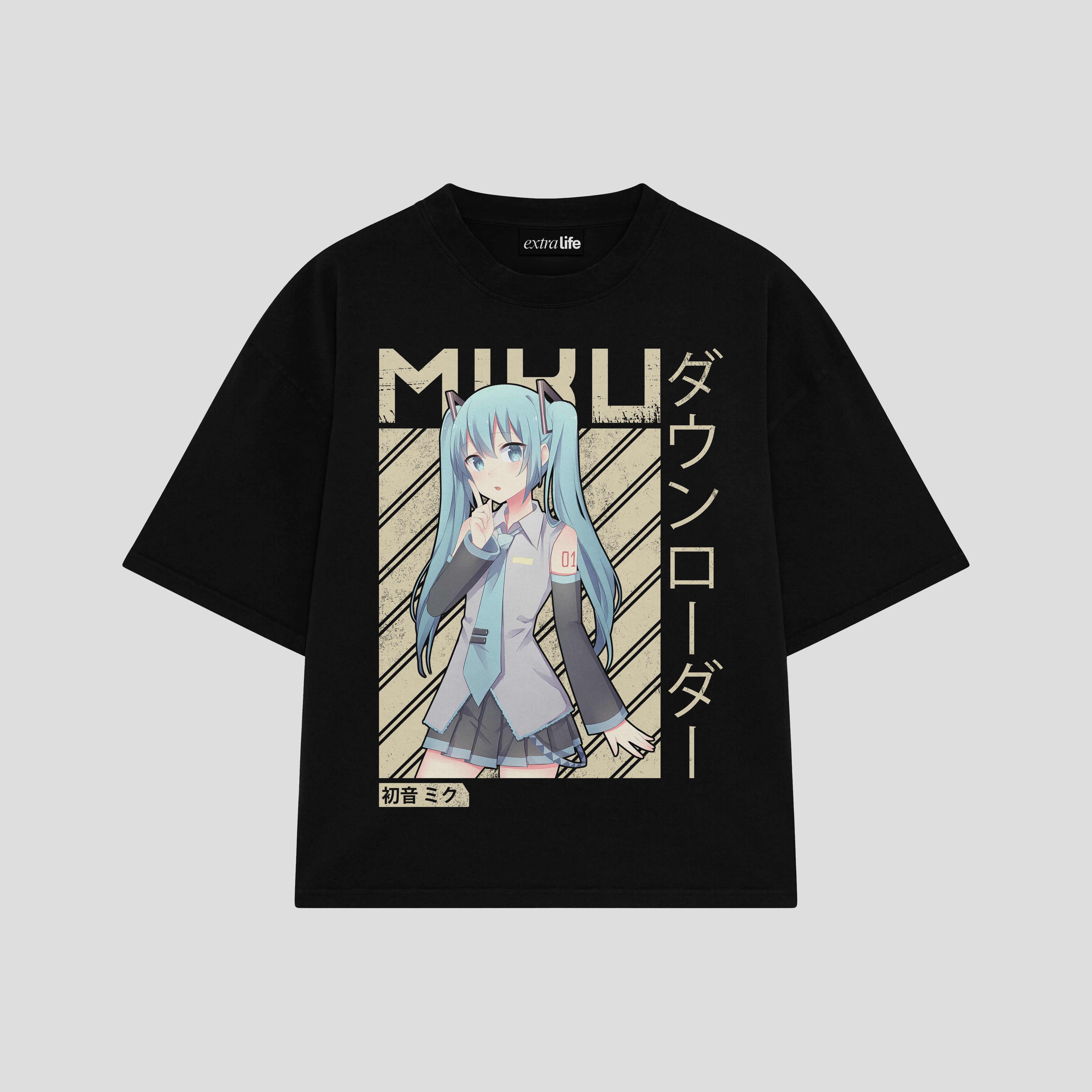 Playera streetwear premium de anime y gaming ExtraLife MX, corte boxy oversized drop shoulder heavyweight en color Deep Black y Off-White, moda urbana mexicana de culto.