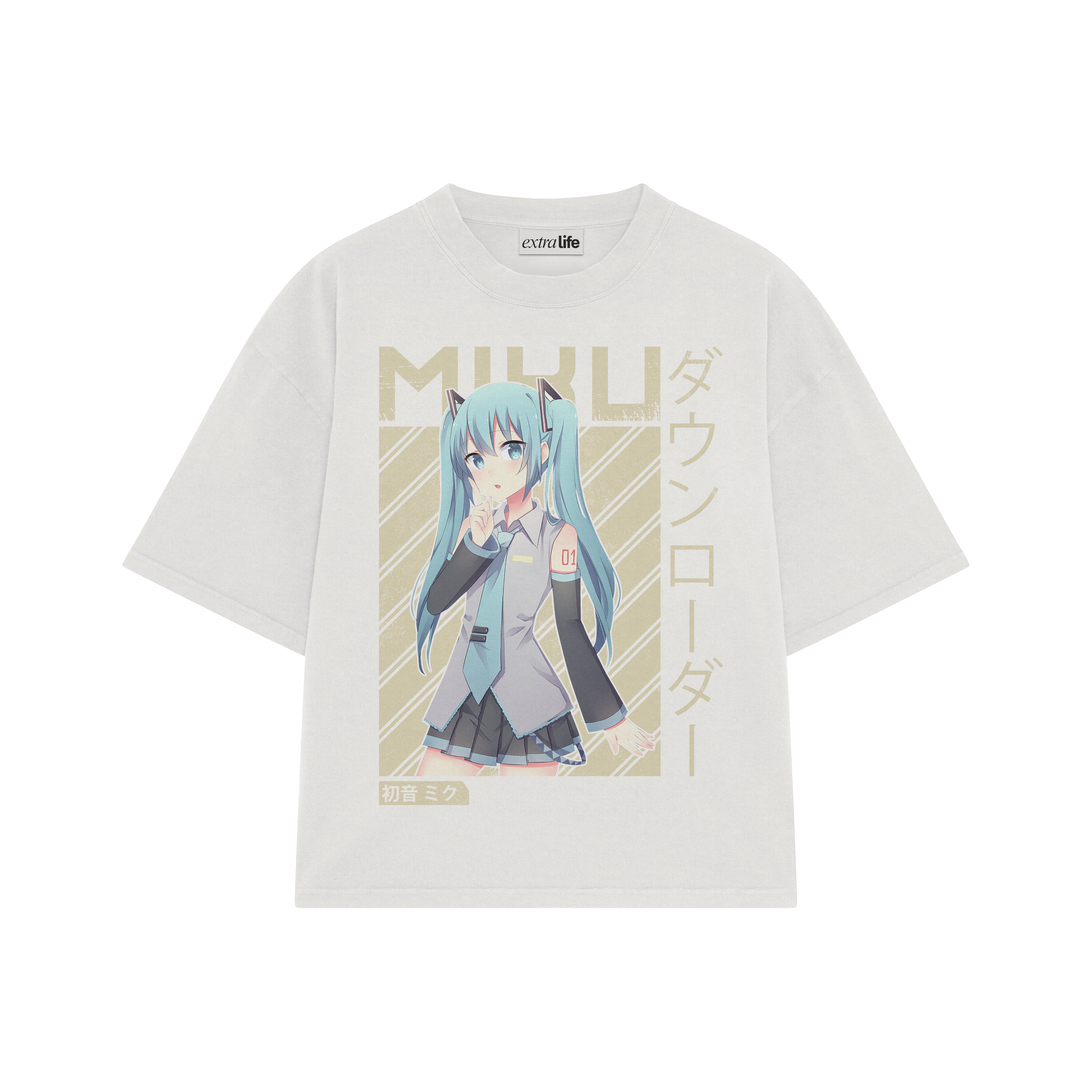 Playera streetwear premium de anime y gaming ExtraLife MX, corte boxy oversized drop shoulder heavyweight en color Deep Black y Off-White, moda urbana mexicana de culto.