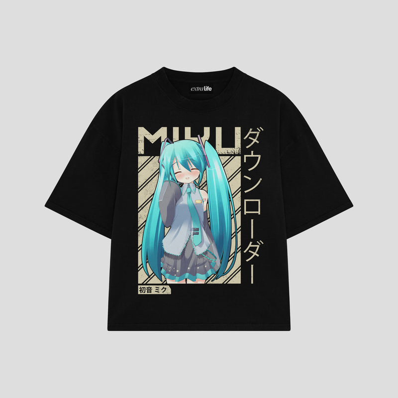 Playera streetwear premium de anime y gaming ExtraLife MX, corte boxy oversized drop shoulder heavyweight en color Deep Black y Off-White, moda urbana mexicana de culto.