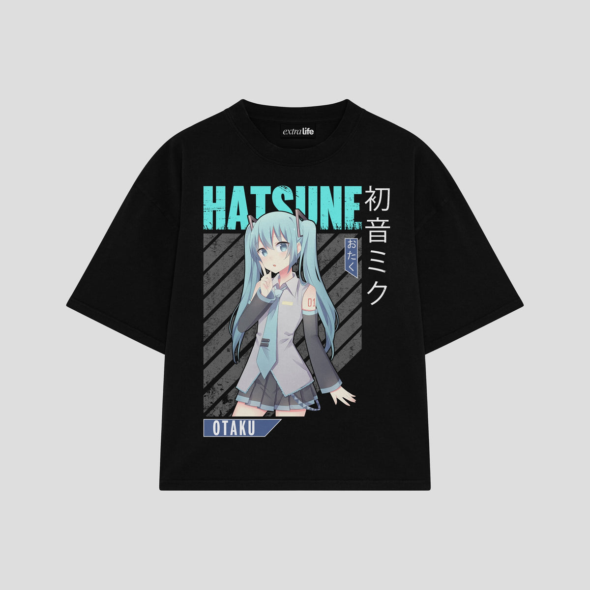 Playera streetwear premium de anime y gaming ExtraLife MX, corte oversized drop shoulder ligero y fresco en color Deep Black y Off-White, moda urbana mexicana de culto.