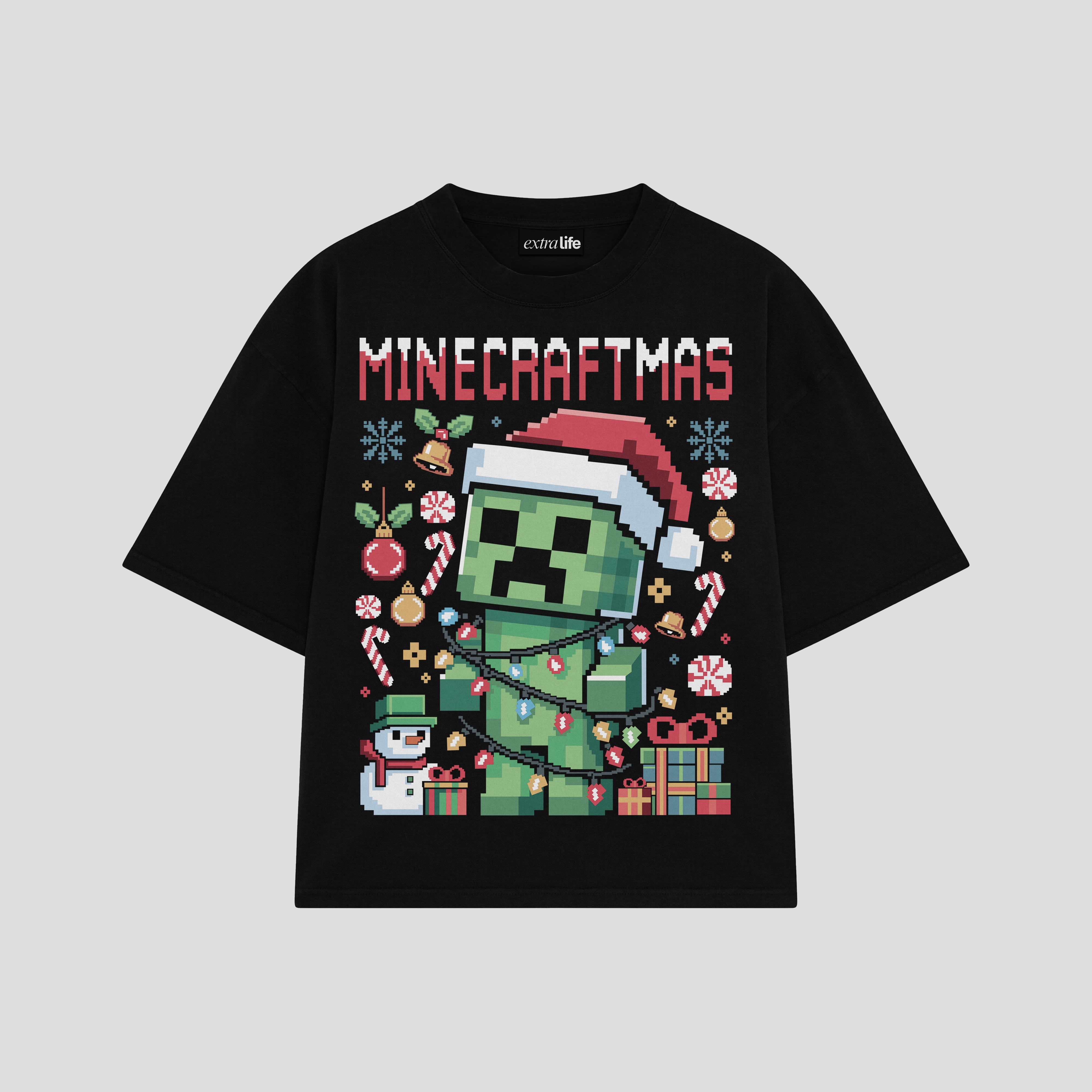 Playera streetwear premium de anime y gaming ExtraLife MX, corte boxy oversized drop shoulder heavyweight en color Deep Black y Off-White, moda urbana mexicana de culto.