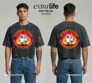 Playera streetwear premium de anime y gaming ExtraLife MX, corte boxy deluxe mineral wash heavyweight en color Acid Wash, moda urbana mexicana de culto.