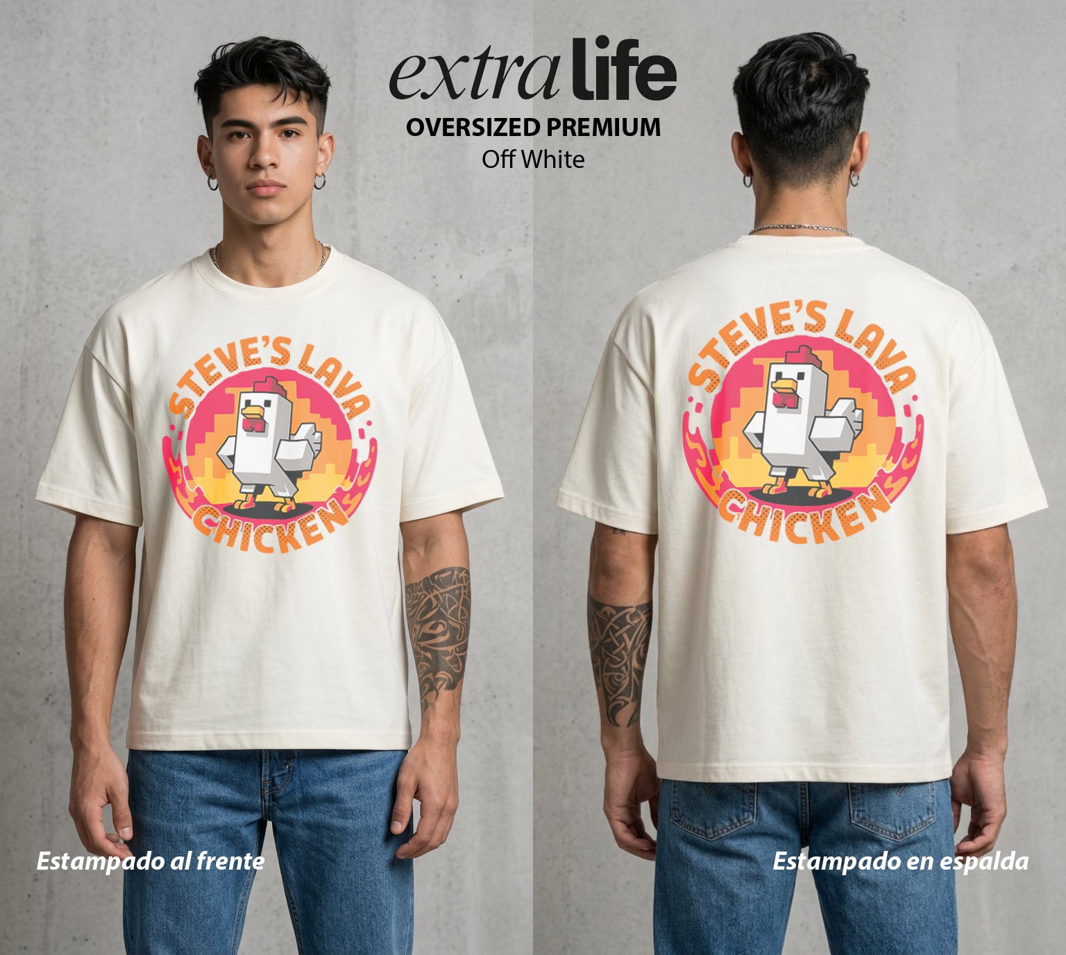 El Mundo de Cubos | El Pollo de Lava #02609 - Playera Oversized Premium | Off White - Foto en modelo