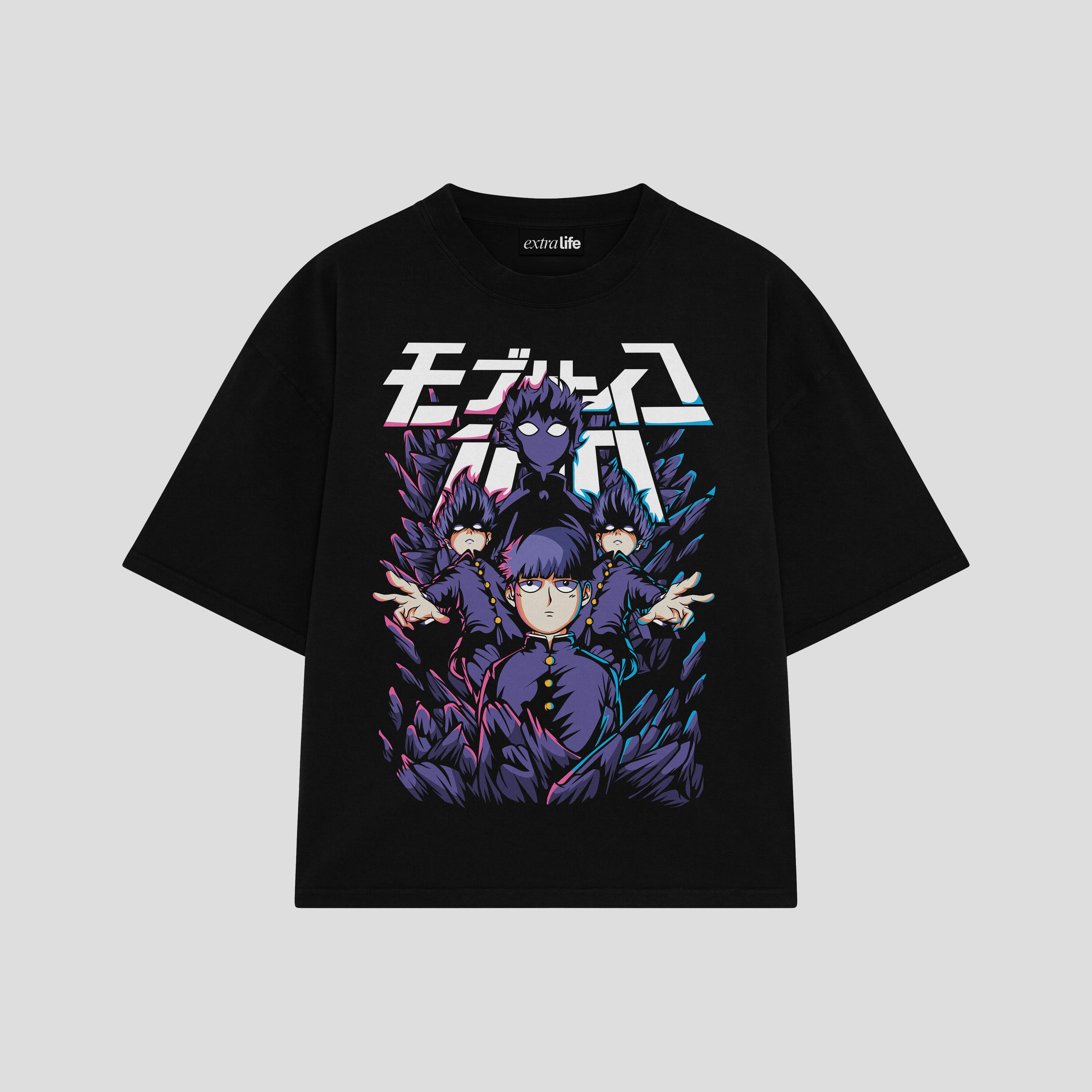 Playera streetwear premium de anime y gaming ExtraLife MX, corte boxy oversized drop shoulder heavyweight en color Deep Black y Off-White, moda urbana mexicana de culto.
