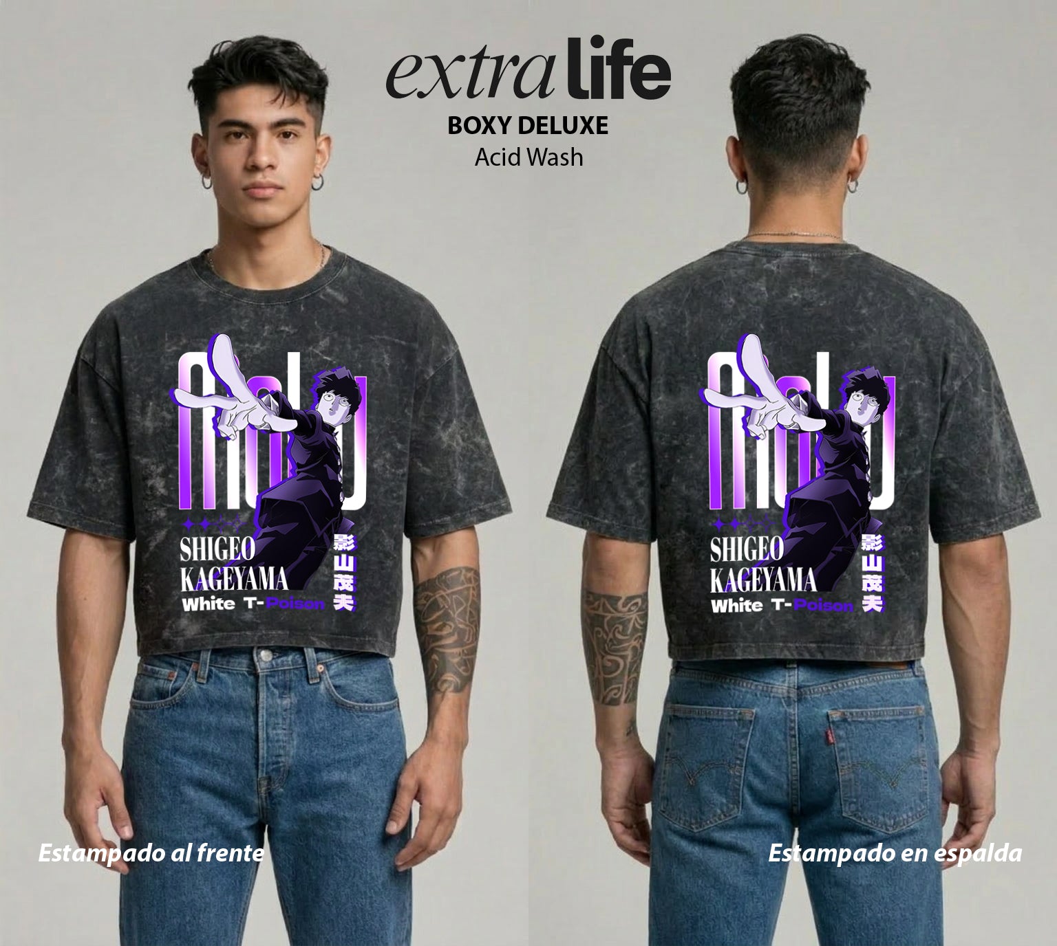 Playera streetwear premium de anime y gaming ExtraLife MX, corte boxy deluxe mineral wash heavyweight en color Acid Wash, moda urbana mexicana de culto.
