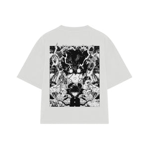 Playera streetwear premium de anime y gaming ExtraLife MX, corte boxy oversized drop shoulder heavyweight en color Deep Black y Off-White, moda urbana mexicana de culto.
