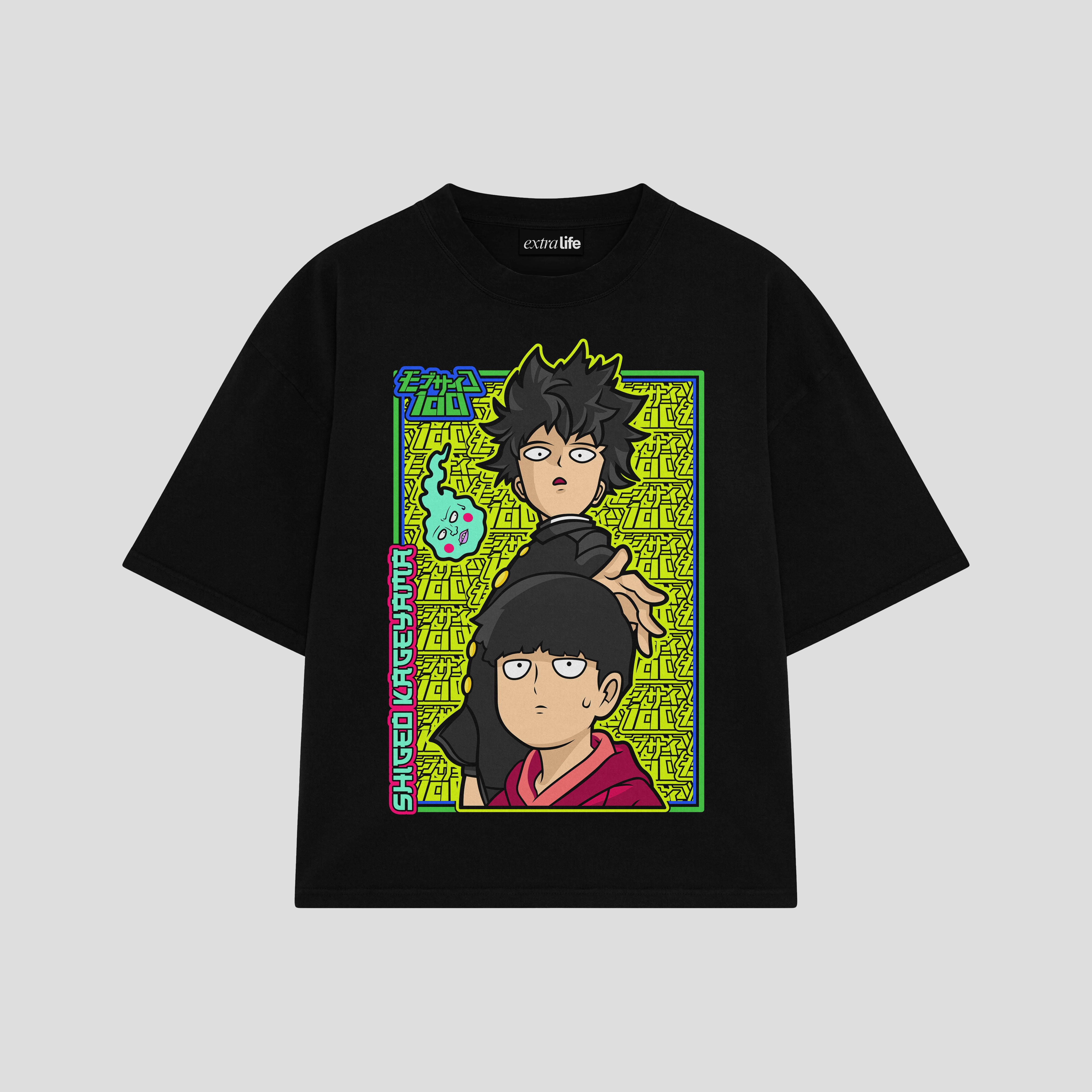 Playera streetwear premium de anime y gaming ExtraLife MX, corte boxy oversized drop shoulder heavyweight en color Deep Black y Off-White, moda urbana mexicana de culto.