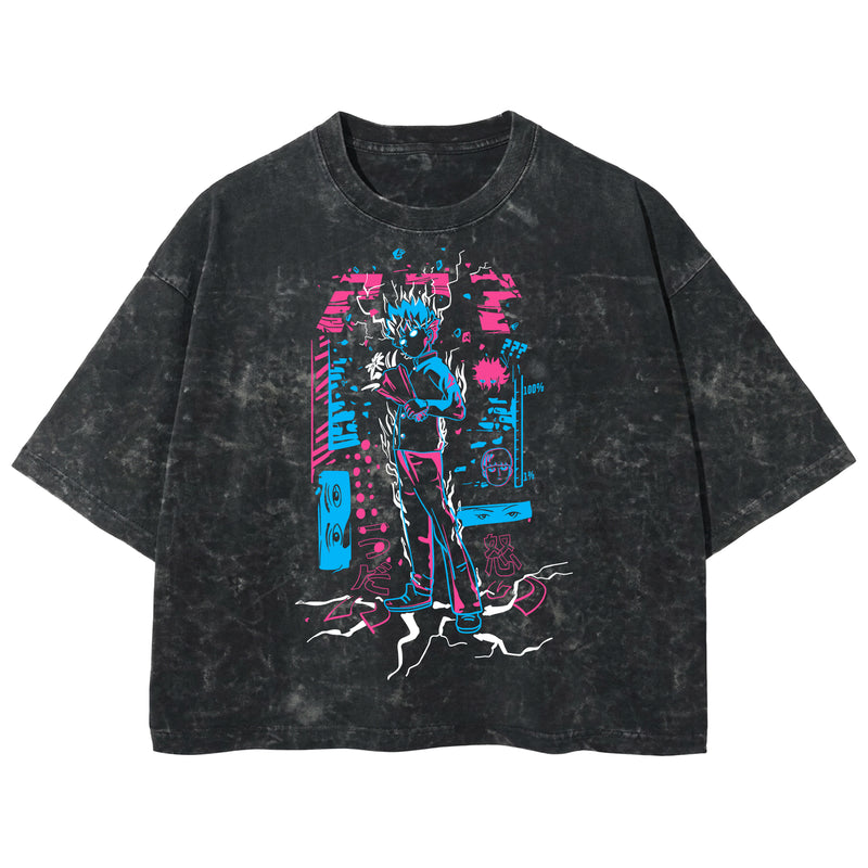 Playera streetwear premium de anime y gaming ExtraLife MX, corte boxy deluxe mineral wash heavyweight en color Acid Wash, moda urbana mexicana de culto.
