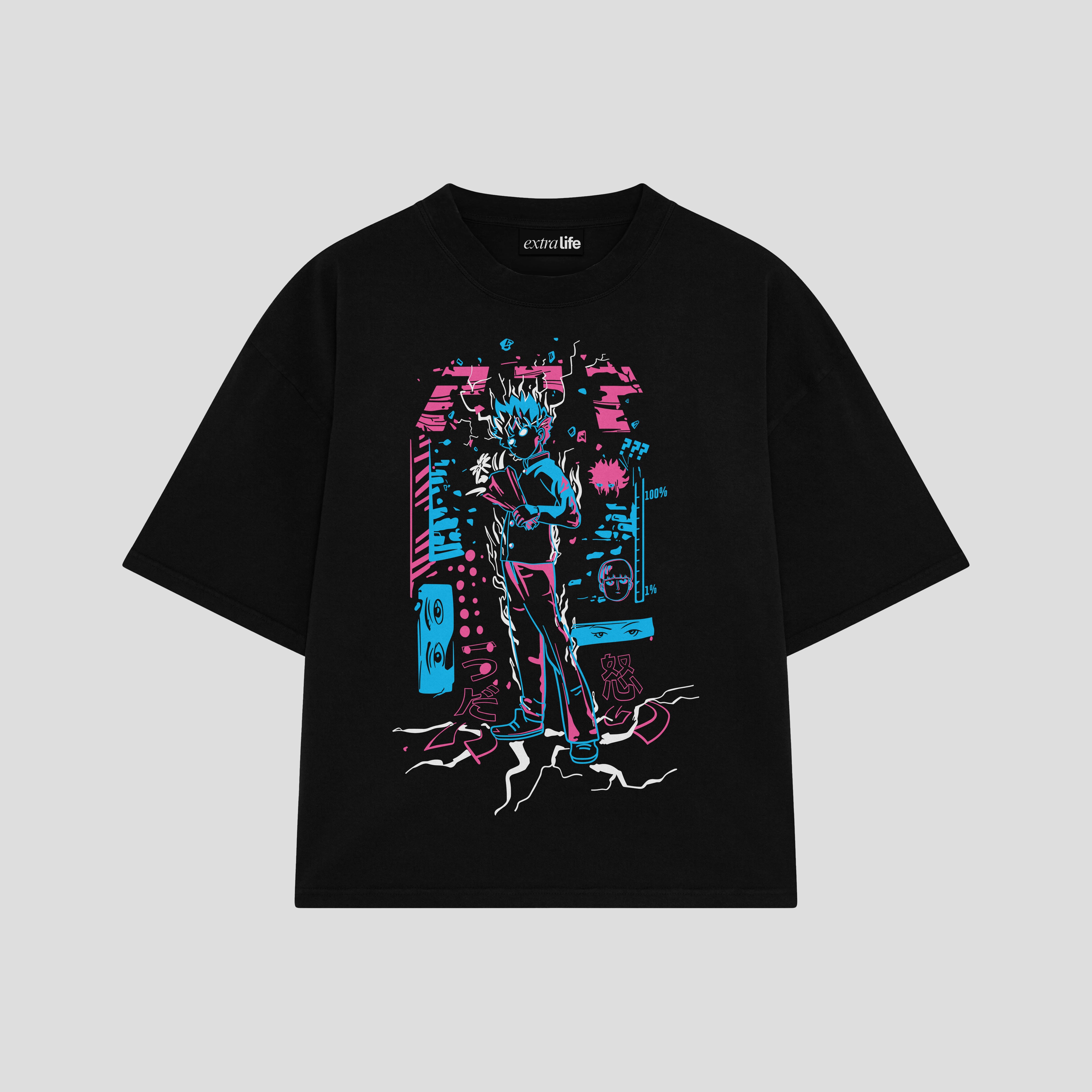 Playera streetwear premium de anime y gaming ExtraLife MX, corte boxy oversized drop shoulder heavyweight en color Deep Black y Off-White, moda urbana mexicana de culto.