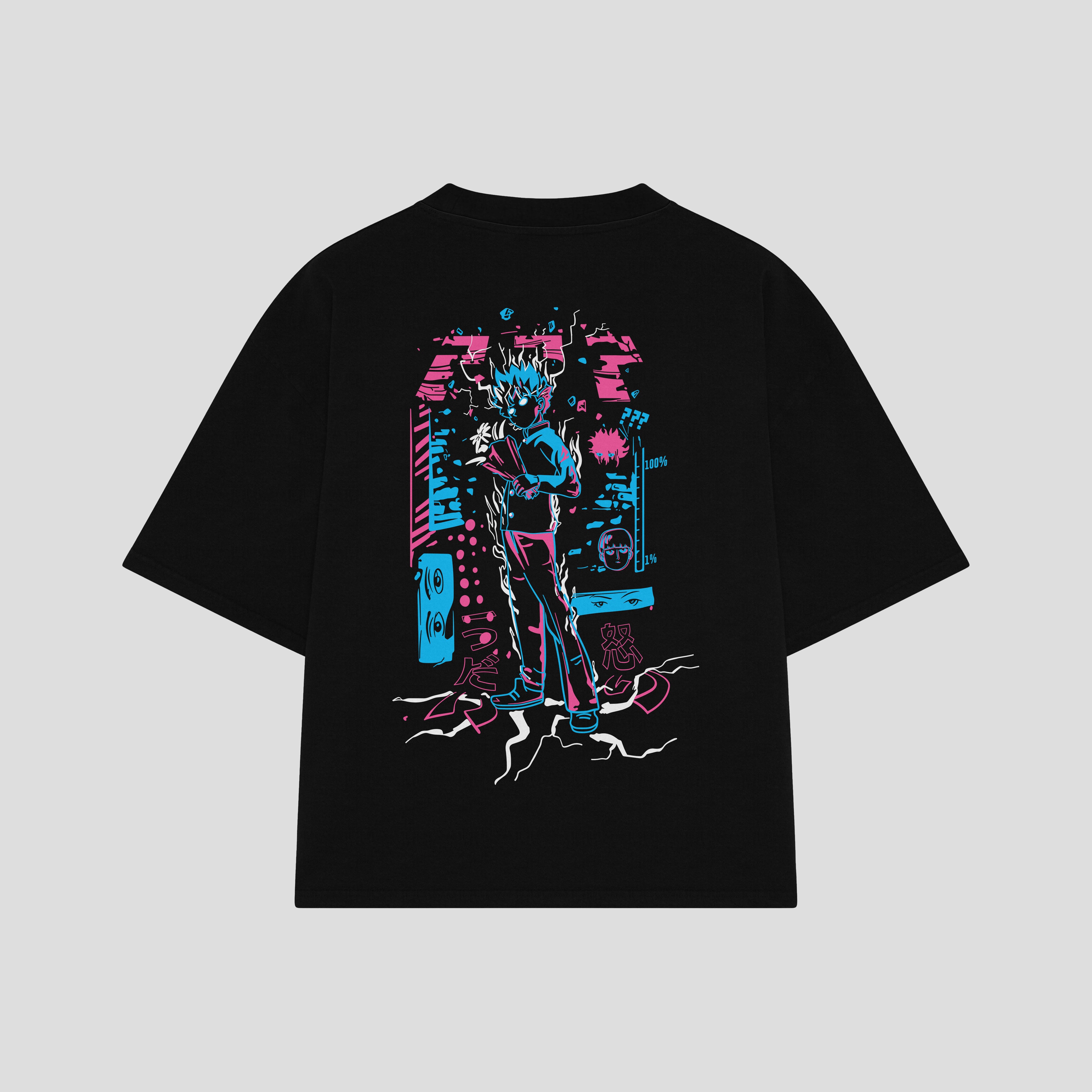 Playera streetwear premium de anime y gaming ExtraLife MX, corte boxy oversized drop shoulder heavyweight en color Deep Black y Off-White, moda urbana mexicana de culto.