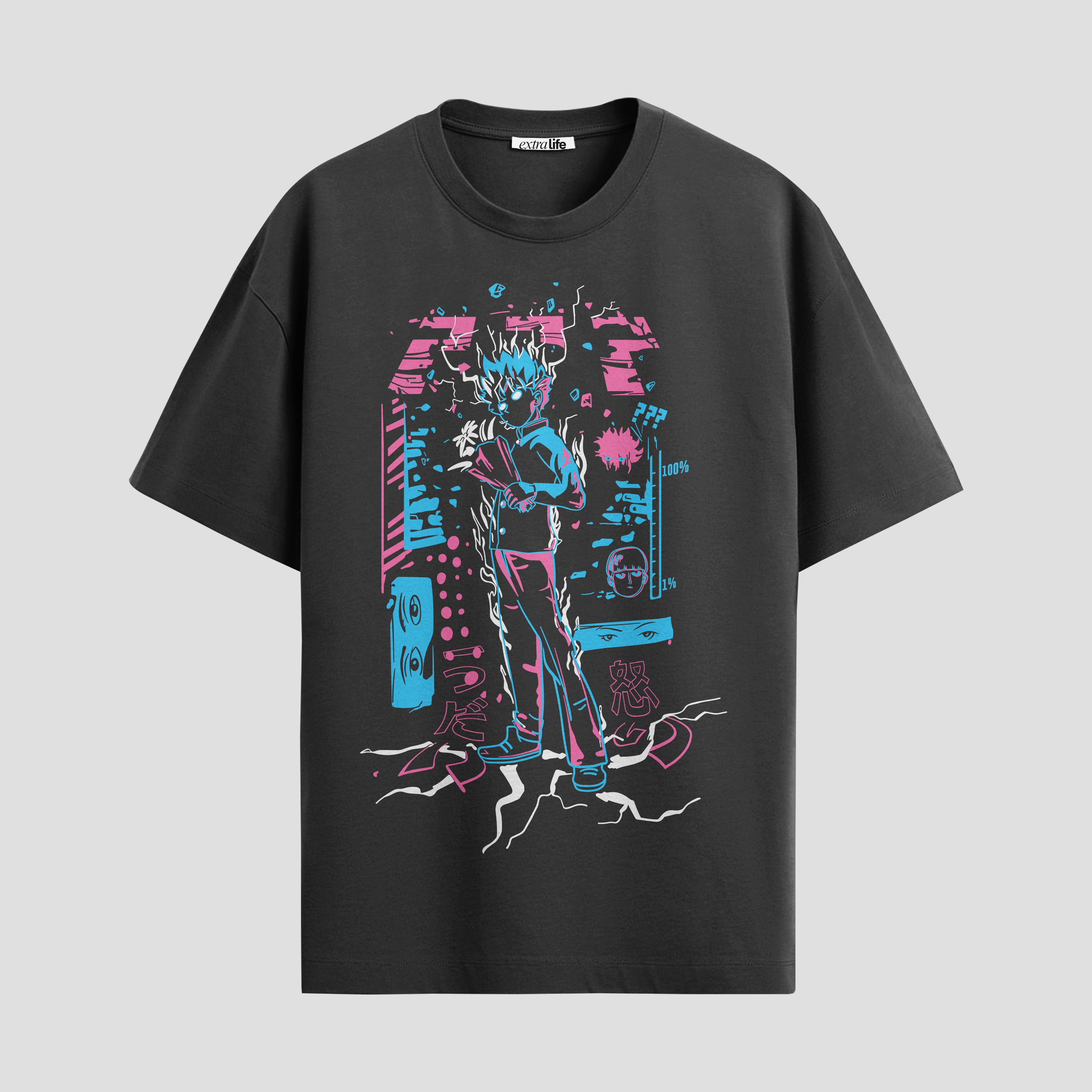 Playera urbana de anime y gaming ExtraLife MX, corte Standard Fit unisex ligero y transpirable en color Deep Black y Pure White, ropa de uso diario para gym y casual.
