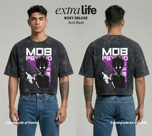 Playera streetwear premium de anime y gaming ExtraLife MX, corte boxy deluxe mineral wash heavyweight en color Acid Wash, moda urbana mexicana de culto.