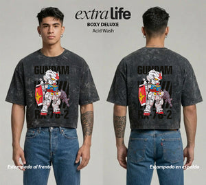 Playera streetwear premium de anime y gaming ExtraLife MX, corte boxy deluxe mineral wash heavyweight en color Acid Wash, moda urbana mexicana de culto.