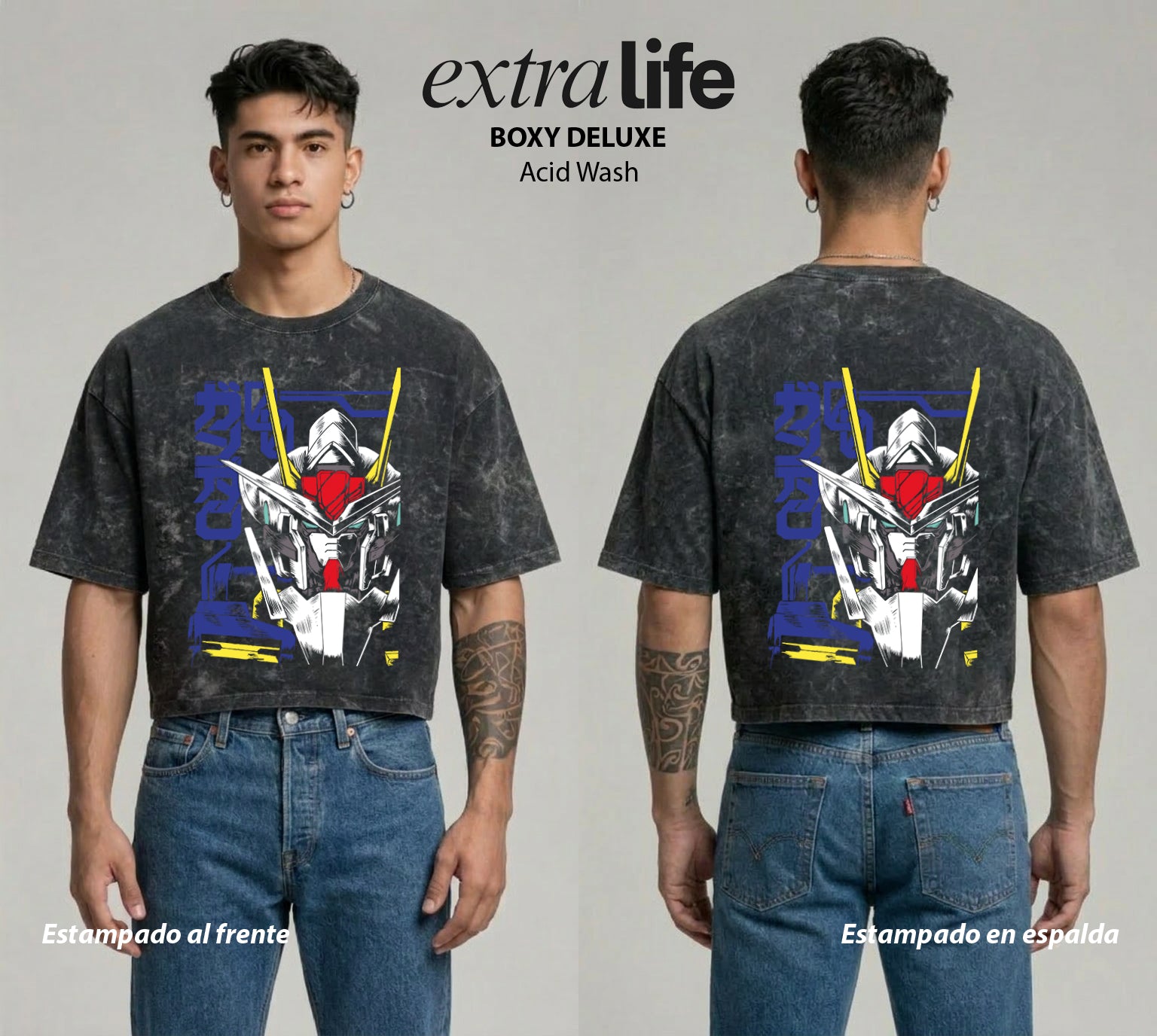 Playera streetwear premium de anime y gaming ExtraLife MX, corte boxy deluxe mineral wash heavyweight en color Acid Wash, moda urbana mexicana de culto.