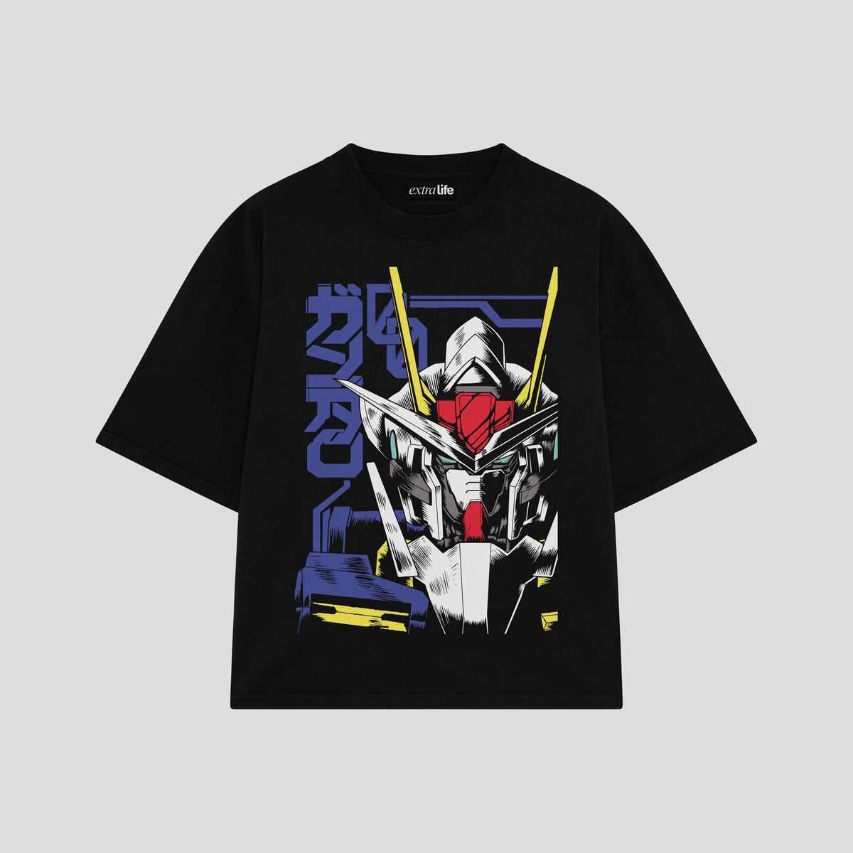 Playera streetwear premium de anime y gaming ExtraLife MX, corte oversized drop shoulder ligero y fresco en color Deep Black y Off-White, moda urbana mexicana de culto.