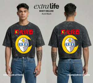 Playera streetwear premium de anime y gaming ExtraLife MX, corte boxy deluxe mineral wash heavyweight en color Acid Wash, moda urbana mexicana de culto.