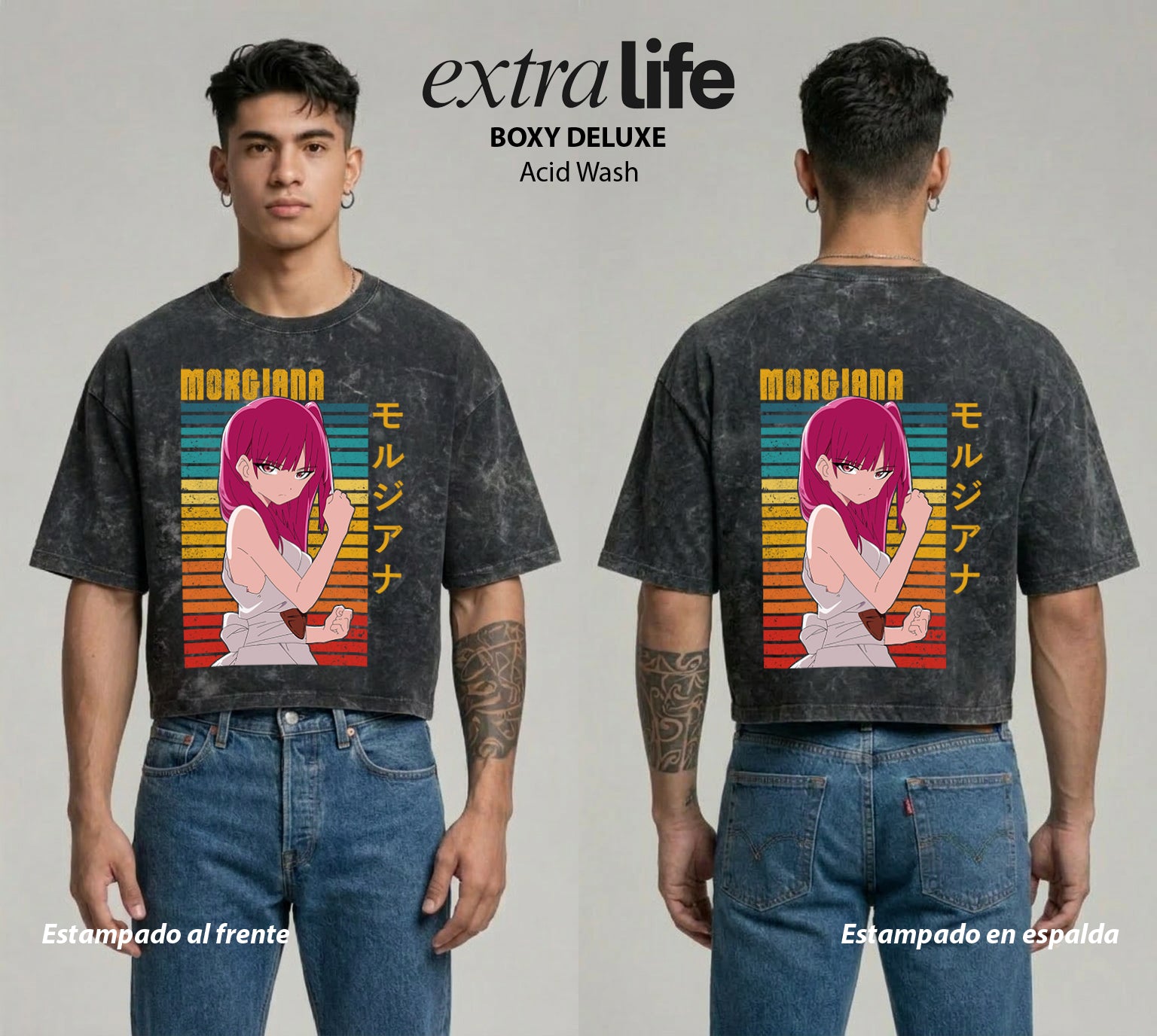Playera streetwear premium de anime y gaming ExtraLife MX, corte boxy deluxe mineral wash heavyweight en color Acid Wash, moda urbana mexicana de culto.