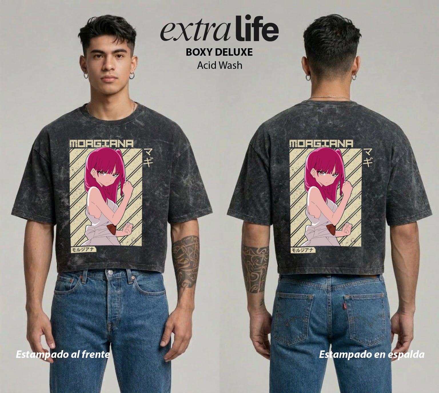 Playera streetwear premium de anime y gaming ExtraLife MX, corte boxy deluxe mineral wash heavyweight en color Acid Wash, moda urbana mexicana de culto.